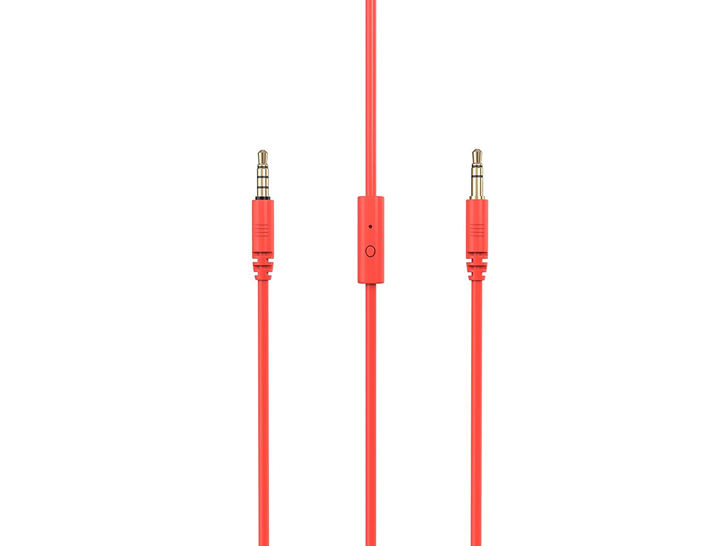 Drei rote Audiokabel mit Goldsteckern und Steuermodul, isoliert auf Weiß.