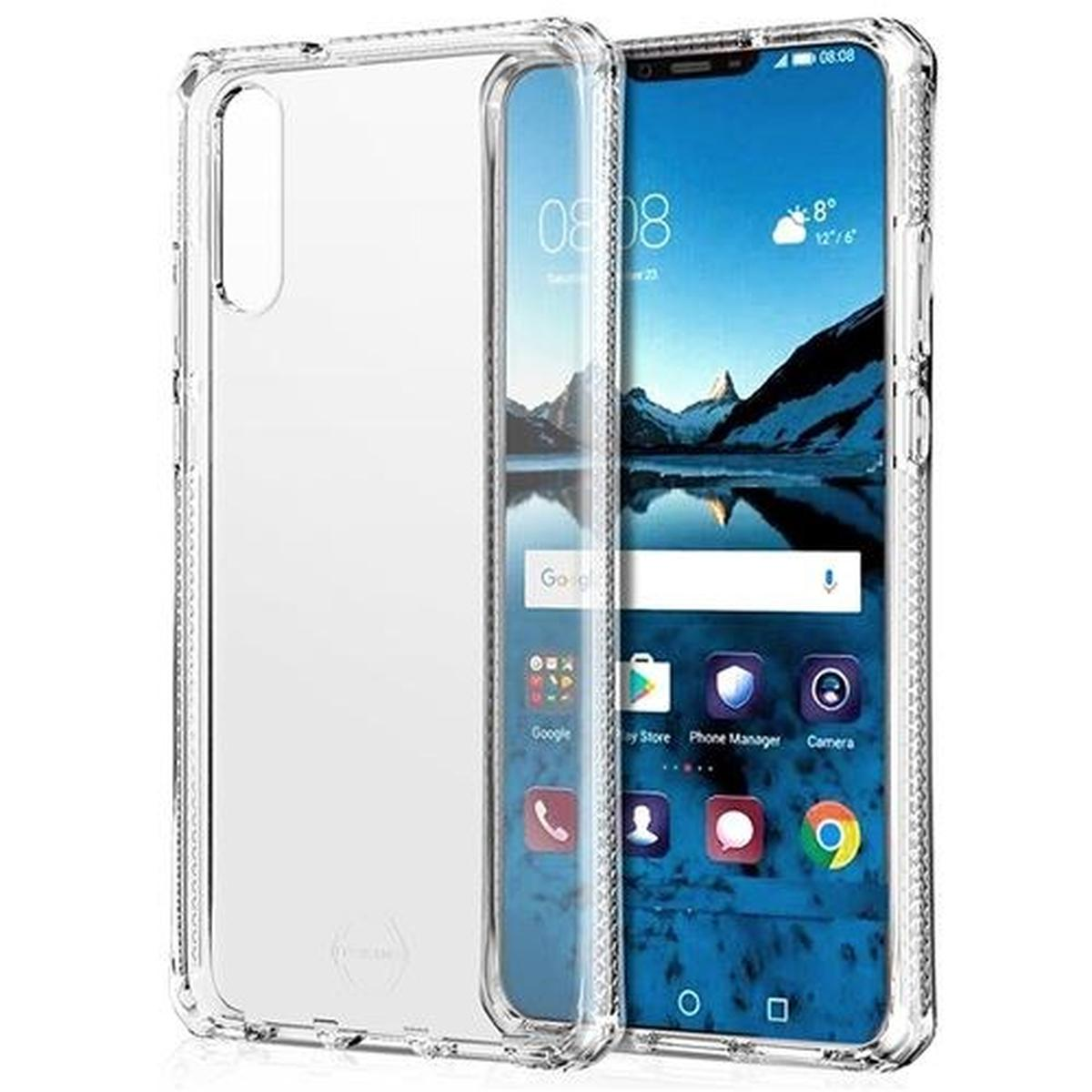 Una custodia trasparente per telefono su un telefono che mostra una schermata iniziale con icone meteo e app.