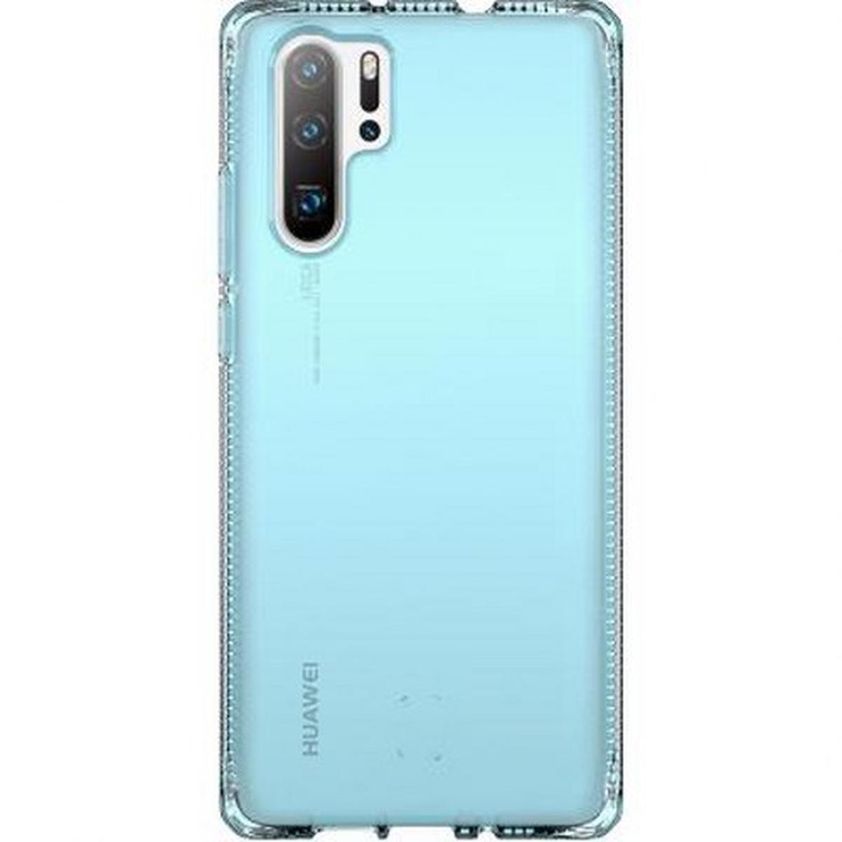 Un telefono in una custodia blu trasparente, che mostra la parte posteriore del telefono.