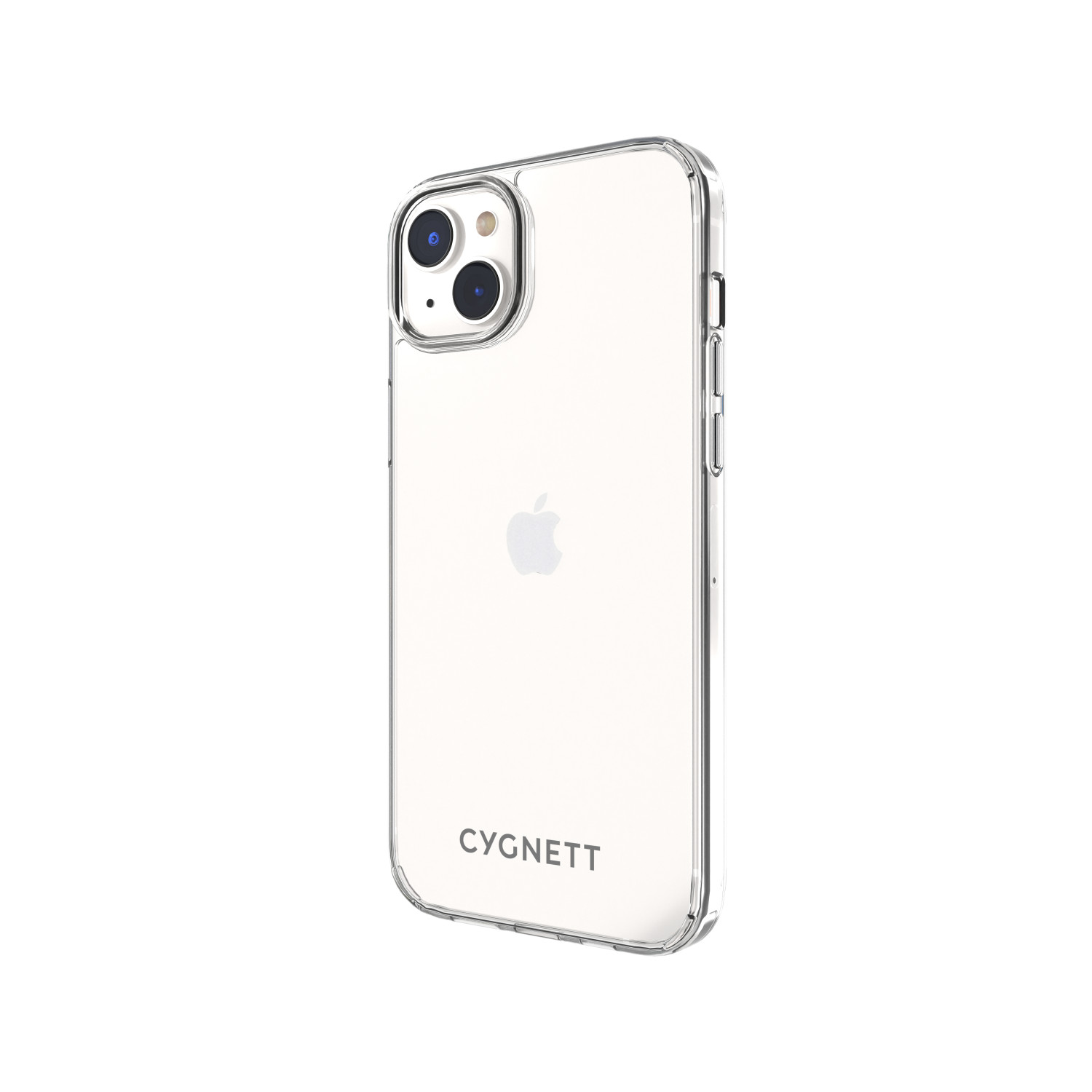 Una custodia trasparente per telefono con il logo CYGNETT e un logo Apple.