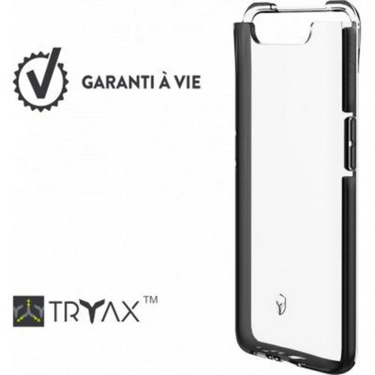 Custodia trasparente per telefono con bordo nero. Testo 'GARANTI A VIE' visibile.