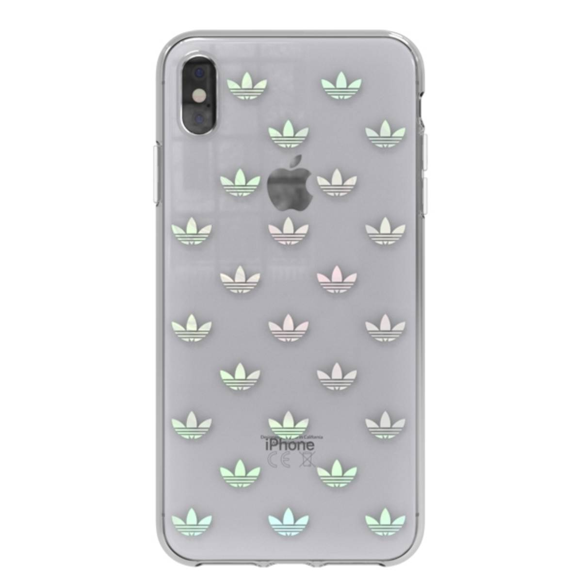 Custodia trasparente per telefono con un motivo di loghi trifoglio Adidas sul retro, sopra un iPhone.