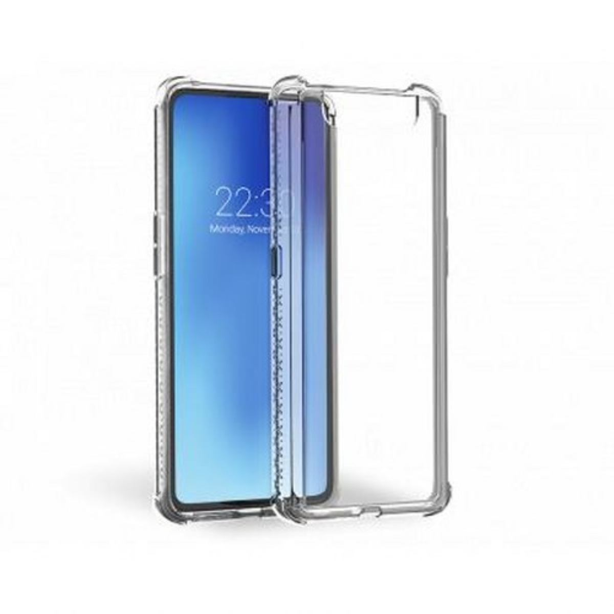 Una custodia trasparente per telefono con un telefono all'interno, che mostra uno schermo blu con l'ora 22:31.