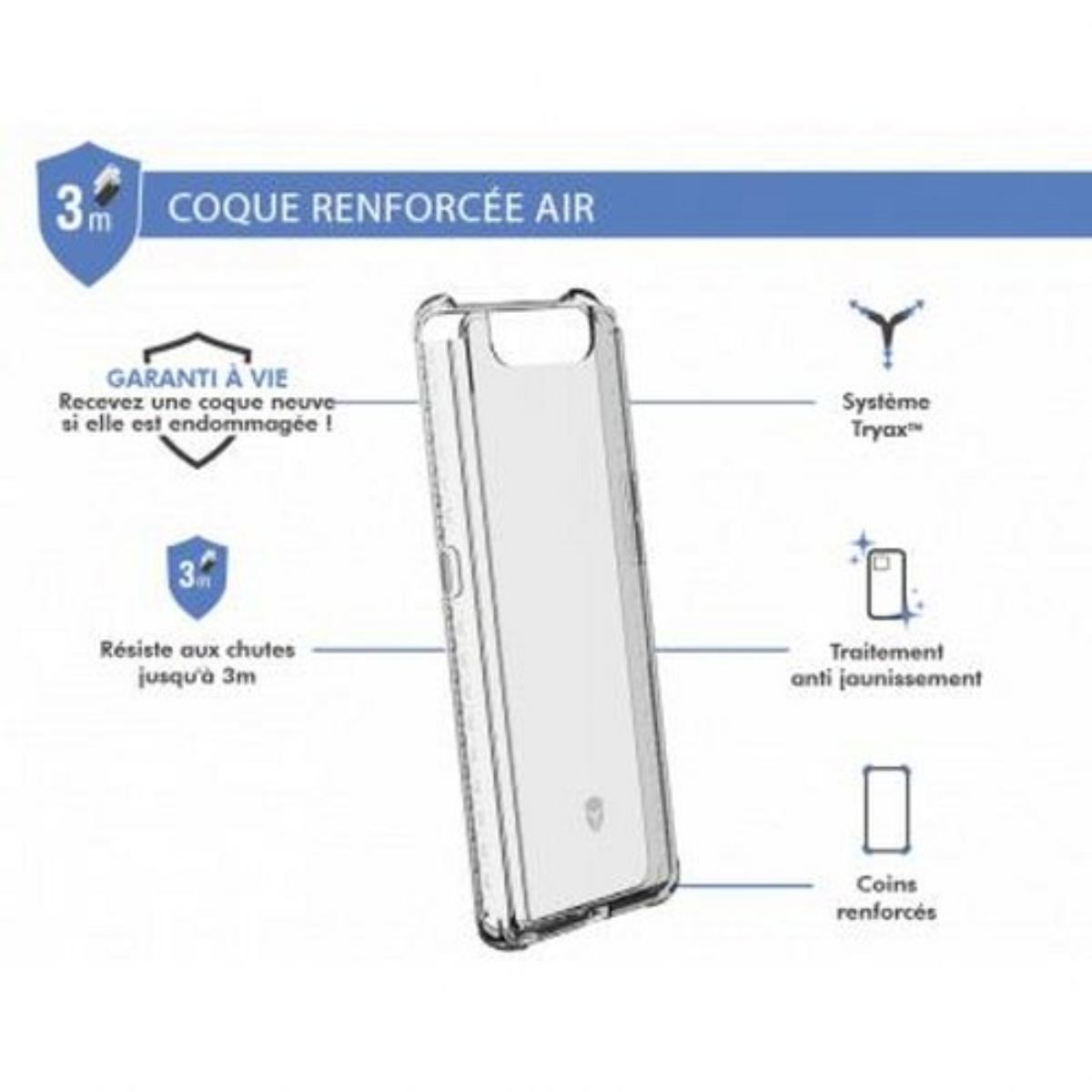 Custodia per telefono con icone e testo informativo. Trasparente, con cornice nera.