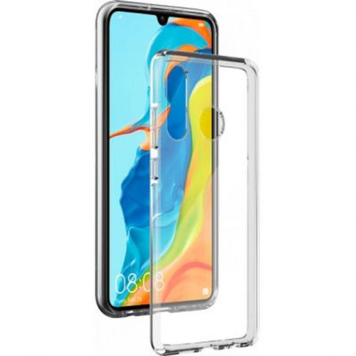 Una custodia trasparente per telefono accanto a uno smartphone con lo schermo acceso.