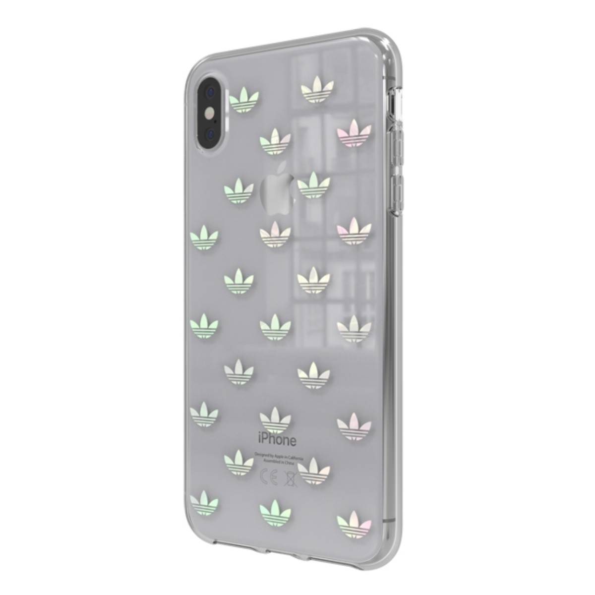 Custodia trasparente per telefono con motivo logo Adidas, su un iPhone, su sfondo bianco.