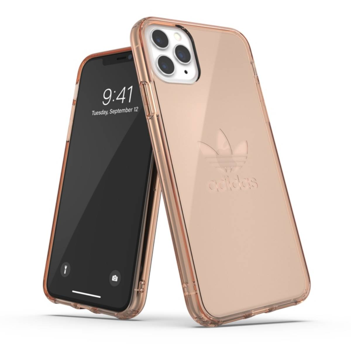 iPhone con custodia Adidas oro rosa. Un altro iPhone a sinistra che mostra l'ora.