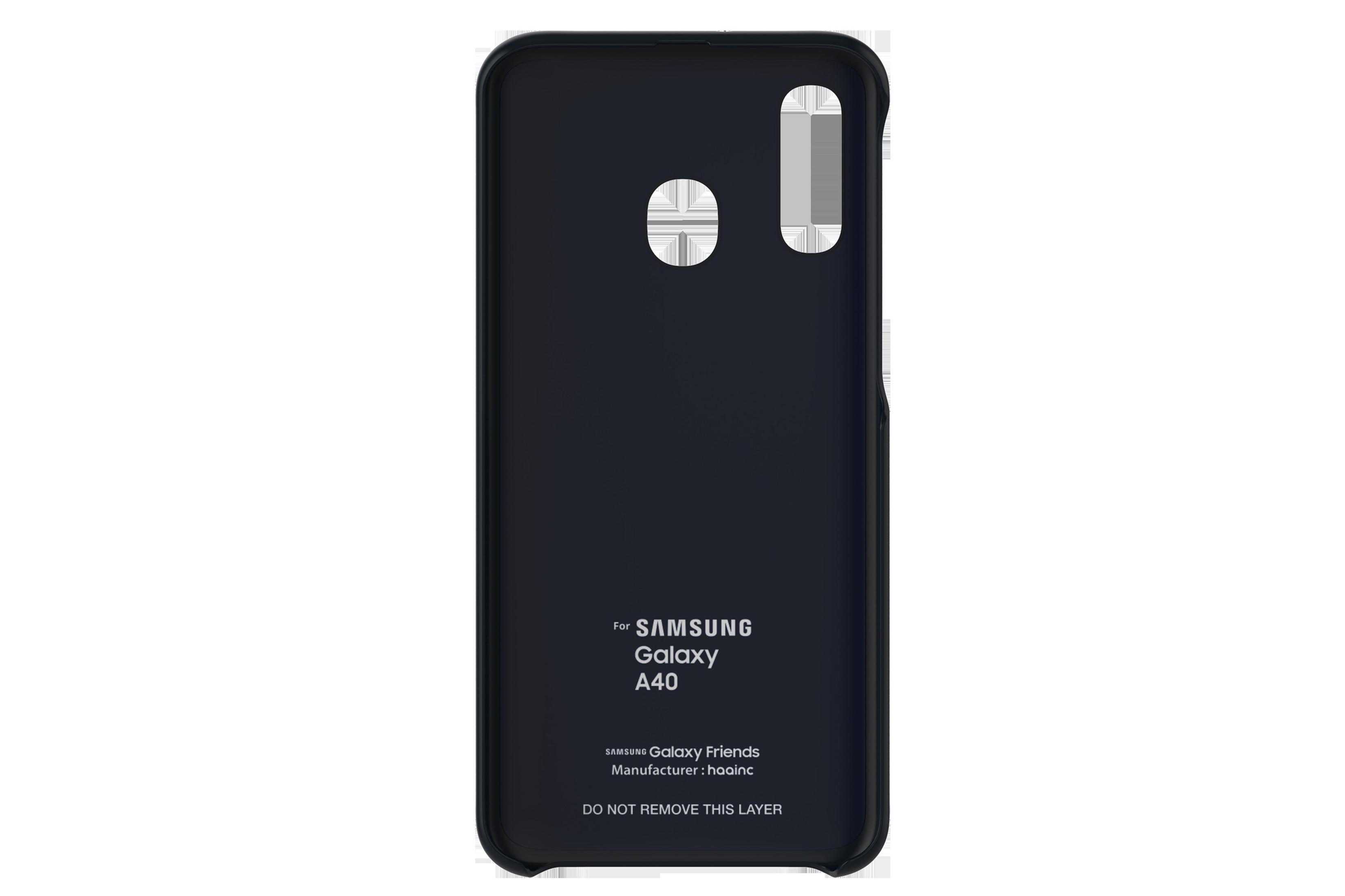 Una custodia nera per telefono Samsung Galaxy A40. Il retro è semplice con la scritta 'For Samsung Galaxy A40'.