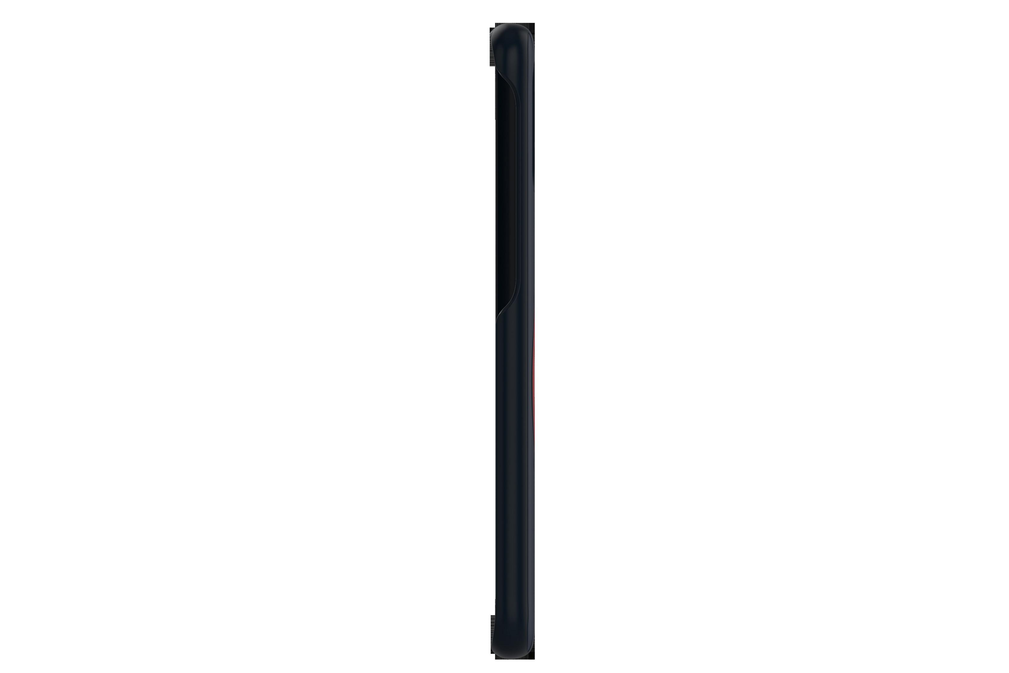Una vista laterale di una custodia nera per telefono, che mostra un design elegante e minimalista su sfondo bianco.
