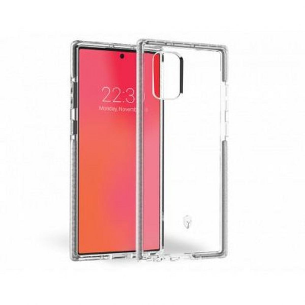 Un telefono all'interno di una custodia trasparente. Il telefono ha uno schermo rosso e mostra l'ora 22:30.