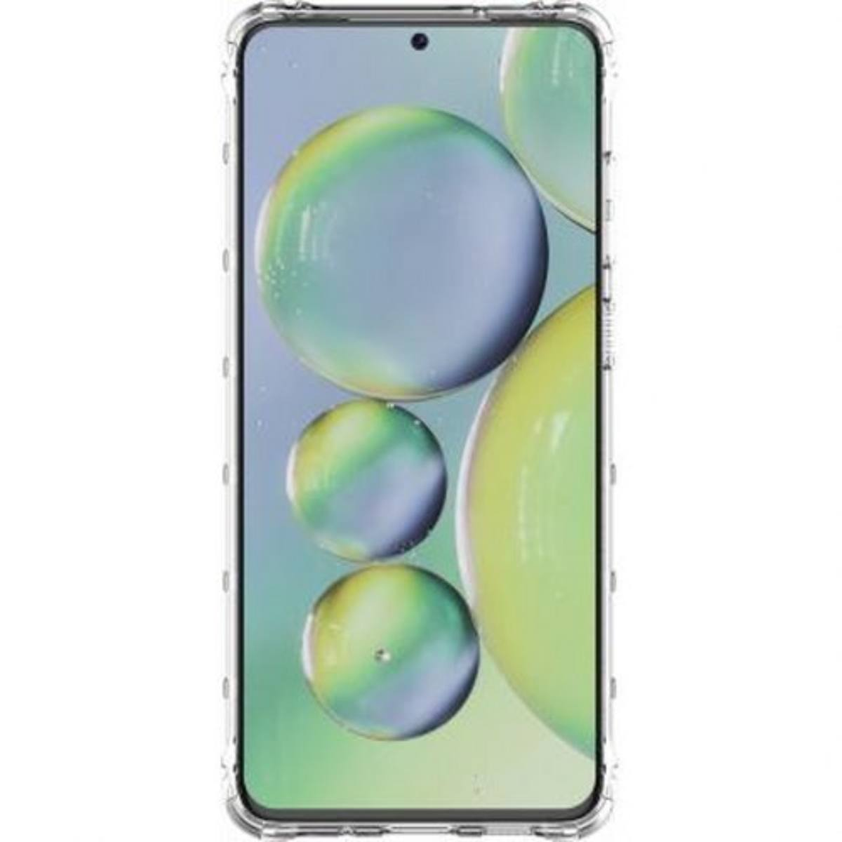 Smartphone in una custodia trasparente con bolle sullo sfondo. Il telefono è in verticale.