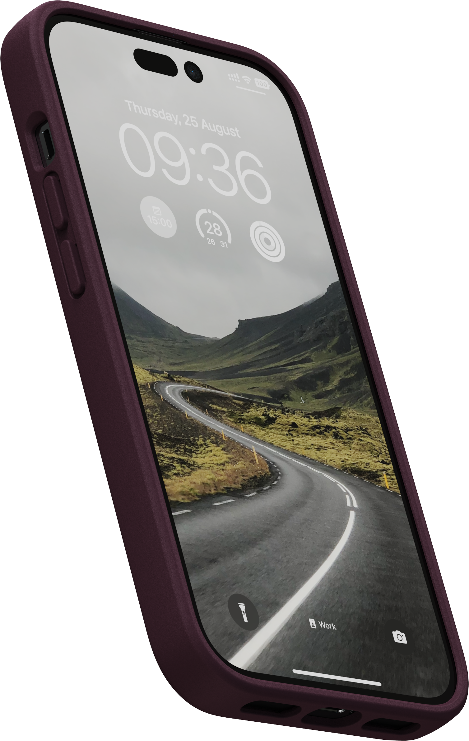 Un telefono in una custodia con uno schermo che mostra una strada e un paesaggio.