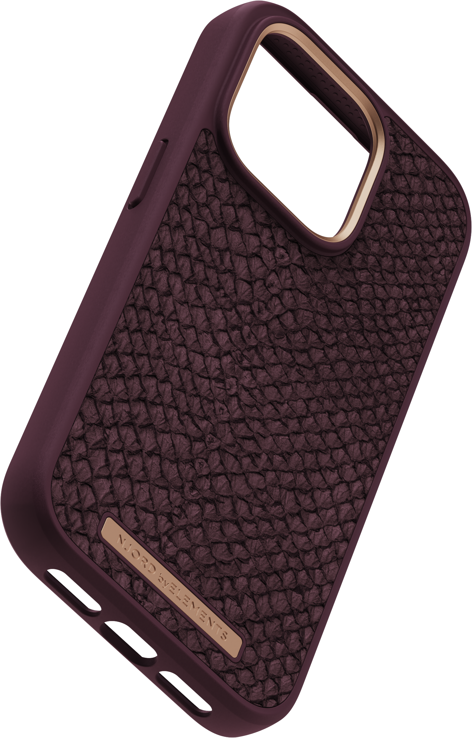 Una custodia per telefono viola scuro con design strutturato e cornice dorata. Visibile il marchio 'NIORD by ELEMENTS'.