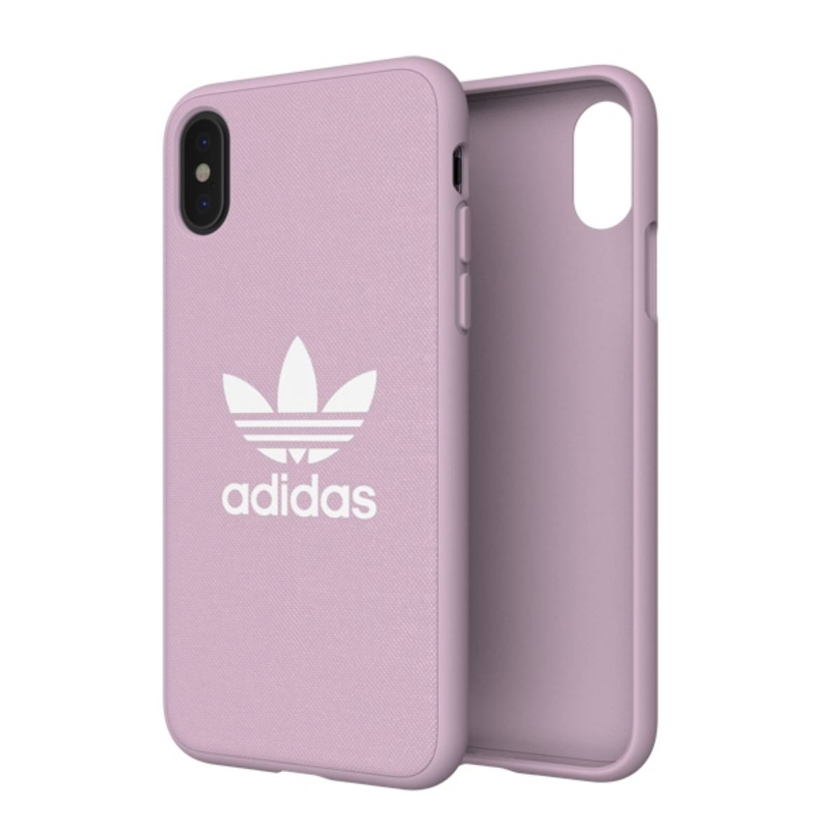 Una custodia per telefono rosa con il logo Adidas e il telefono parzialmente all'interno. L'interno è rosa.