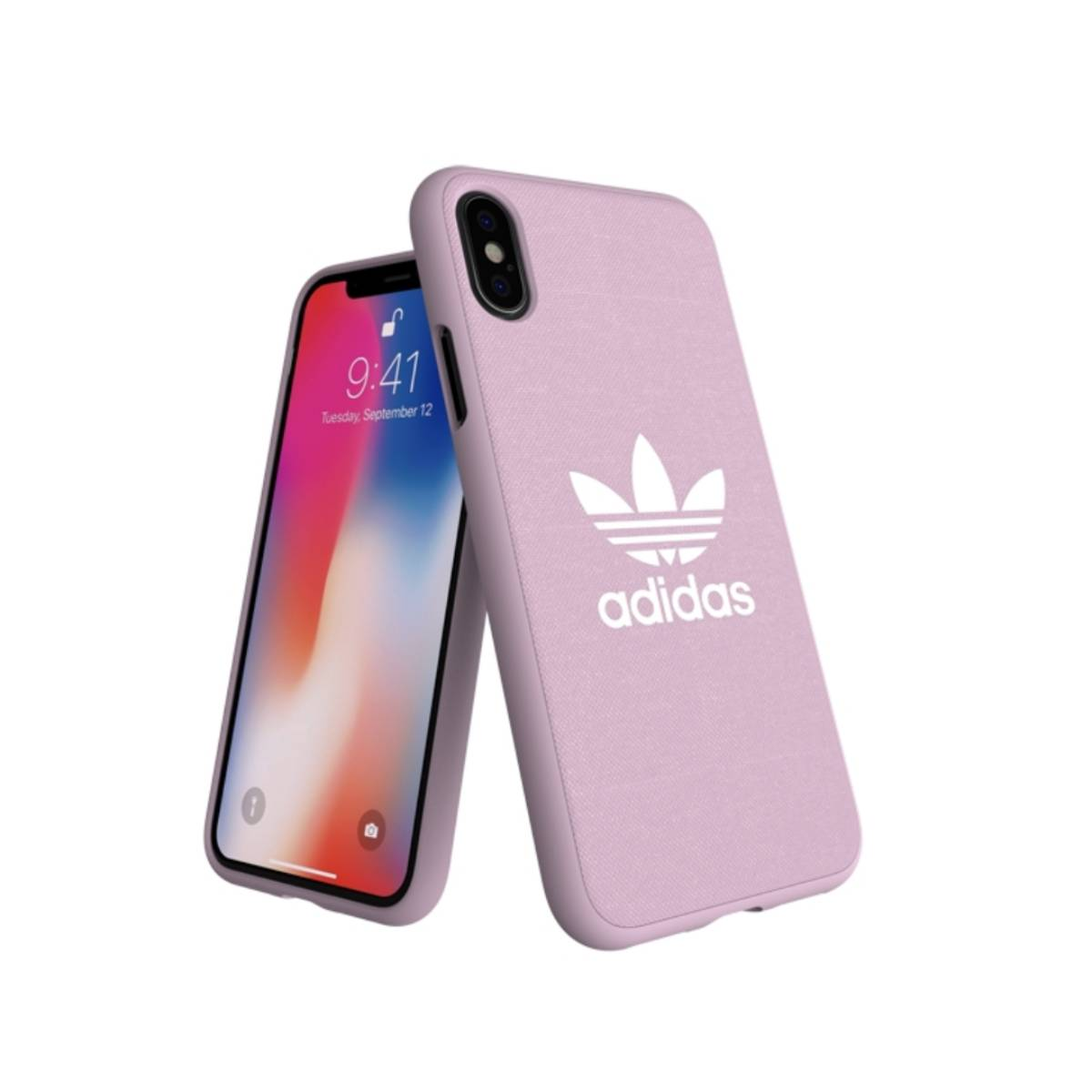 Una custodia rosa per telefono con il logo Adidas e un telefono. Il telefono mostra le 9:41.