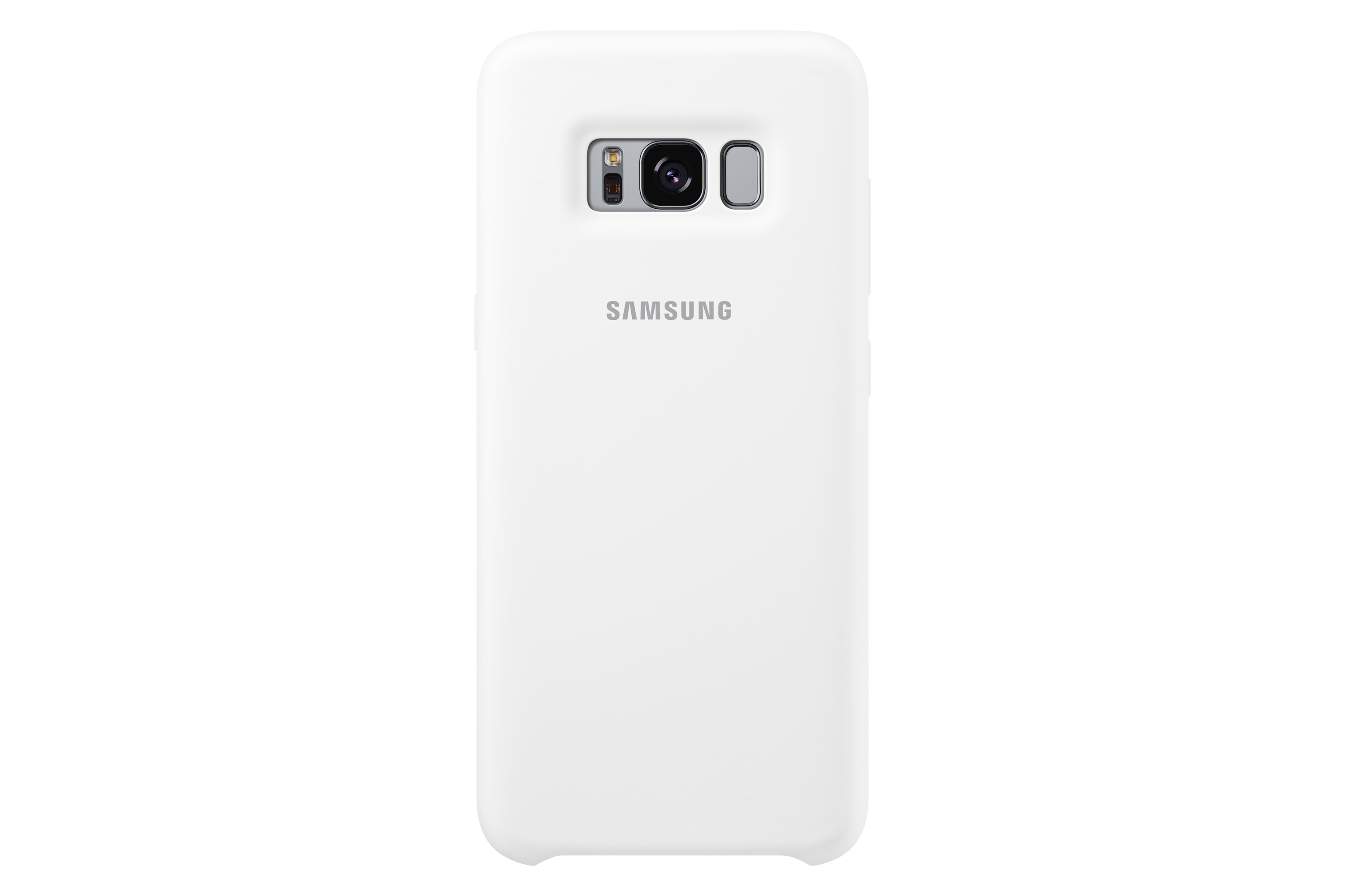 Una custodia bianca per telefono con logo Samsung e ritaglio per la fotocamera. Il retro di un telefono è visibile.