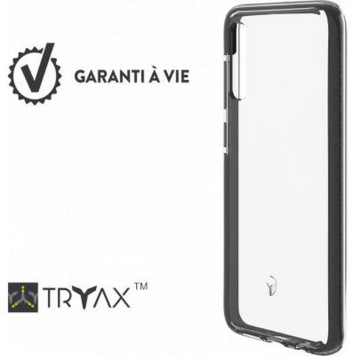Custodia trasparente per telefono con cornice nera, etichetta di garanzia e logo TRYAX su bianco.