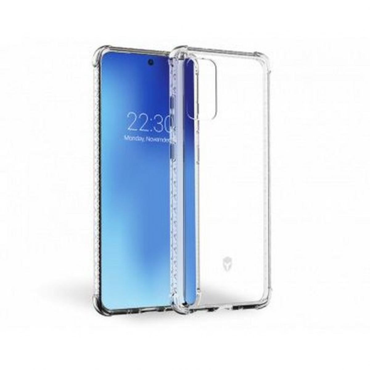 Uno smartphone con custodia trasparente, lo schermo mostra l'ora 22:30, lunedì, novembre.