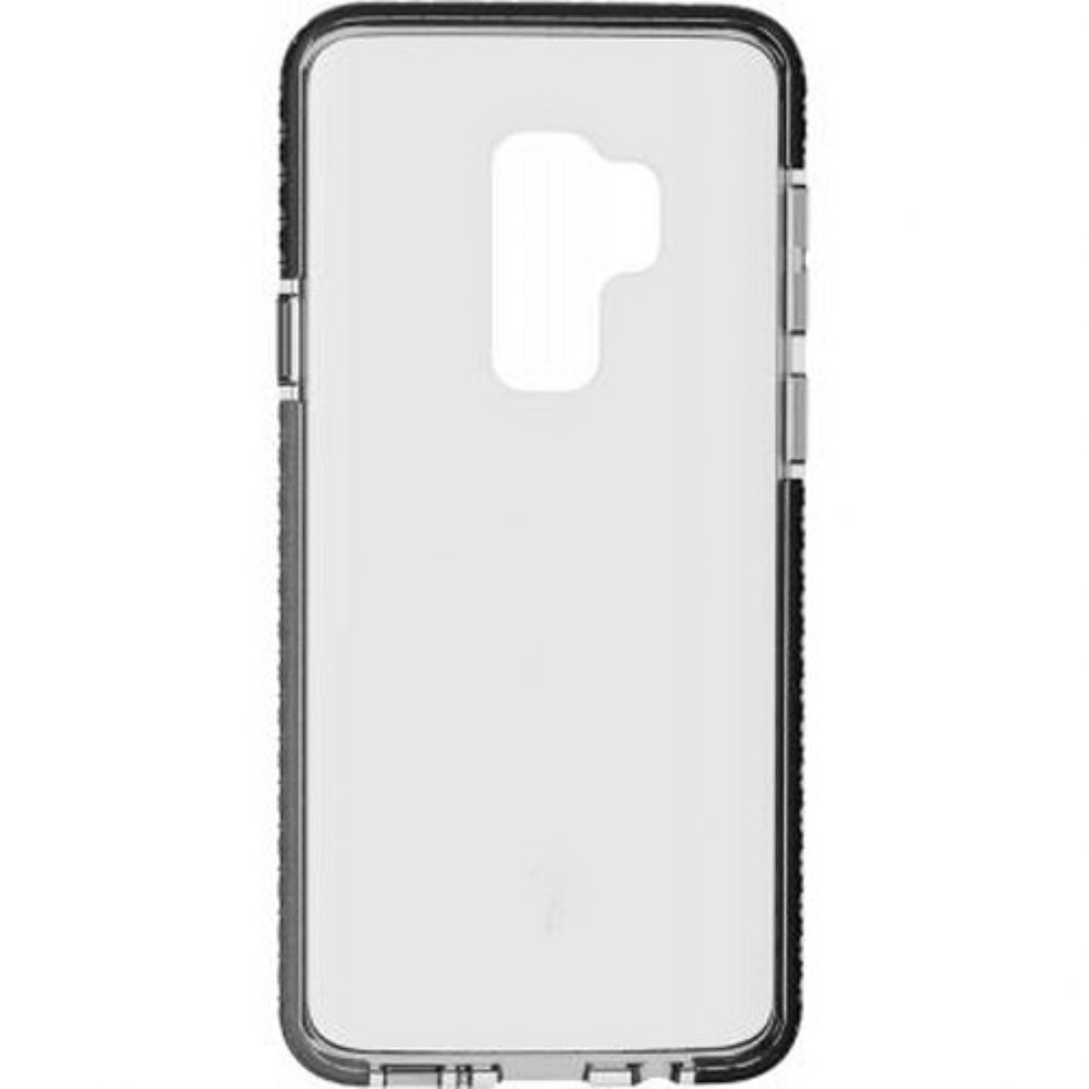 Custodia trasparente per telefono. Trasparente con bordi neri. La fotocamera del telefono è visibile. Design semplice.