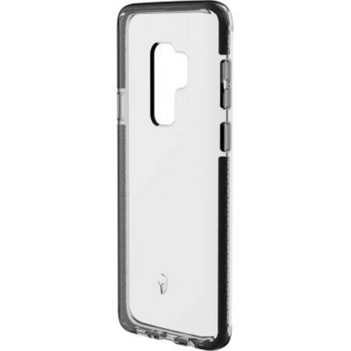 Custodia trasparente per telefono con bordo nero.