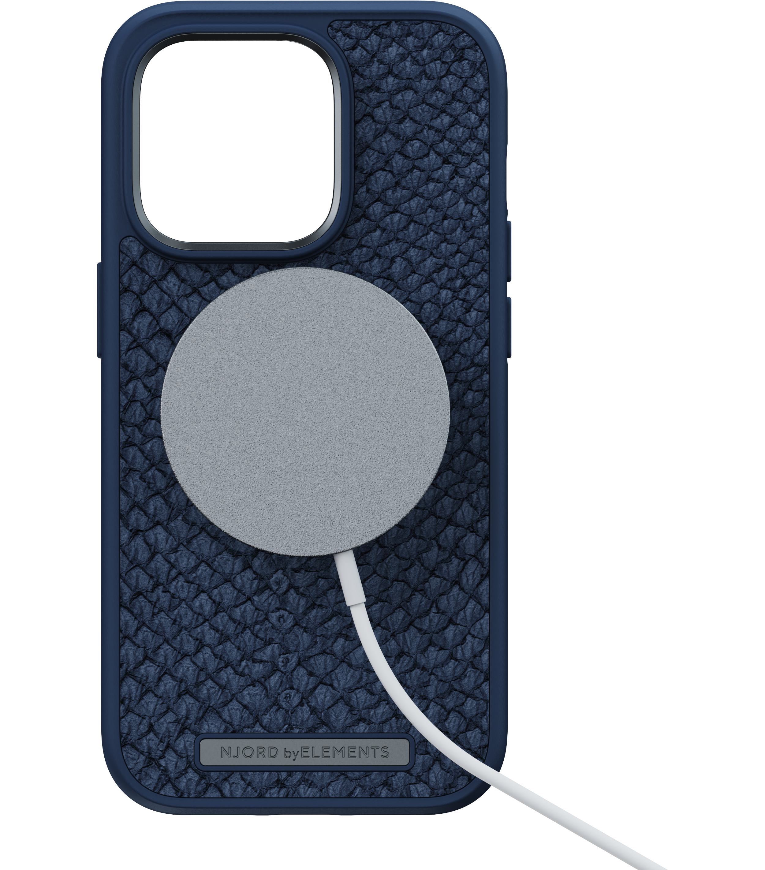 Custodia blu per telefono con porta di ricarica e cerchio di ricarica grigio.