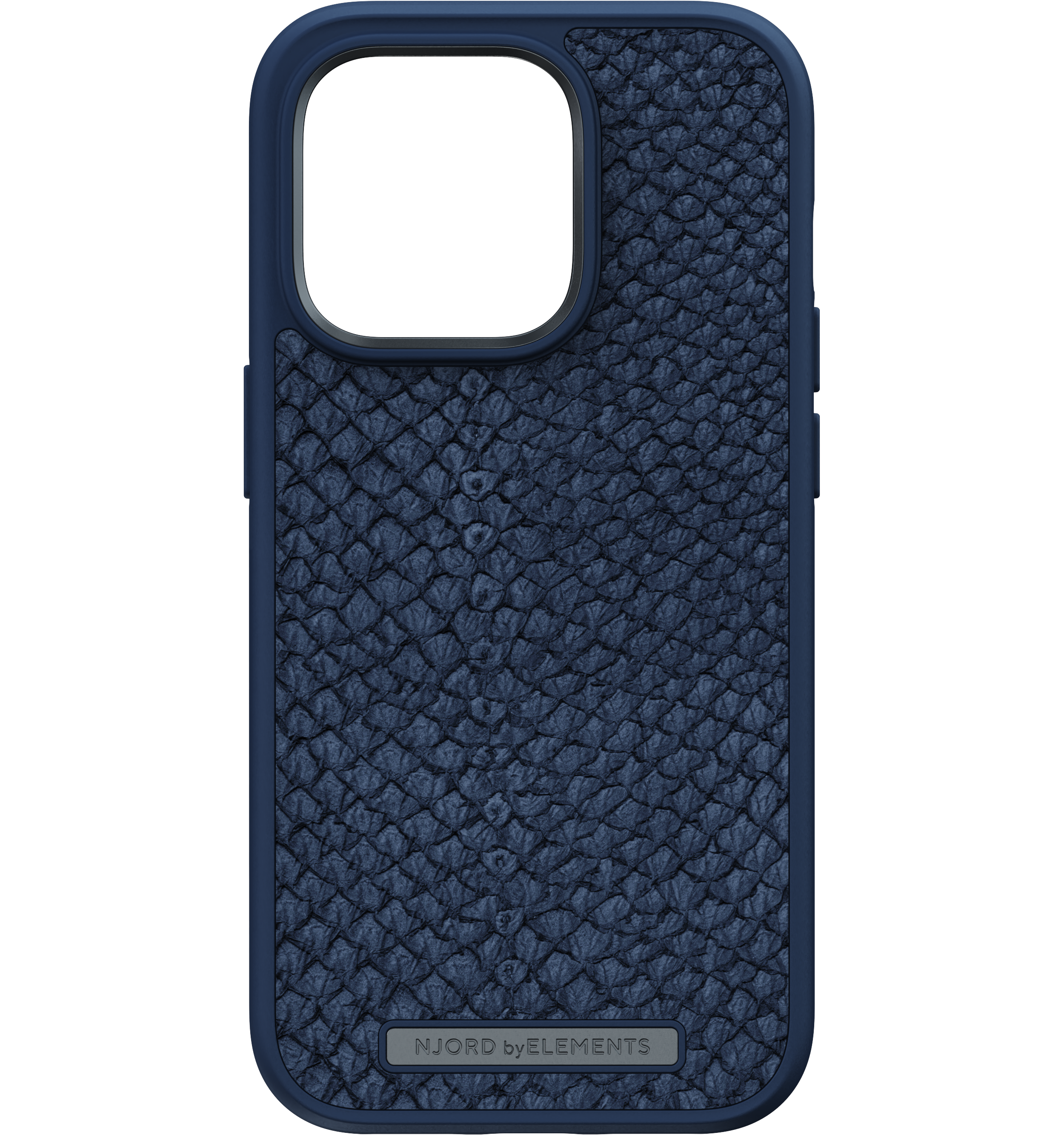 Custodia blu scuro con design strutturato e logo NJORD by ELEMENTS.