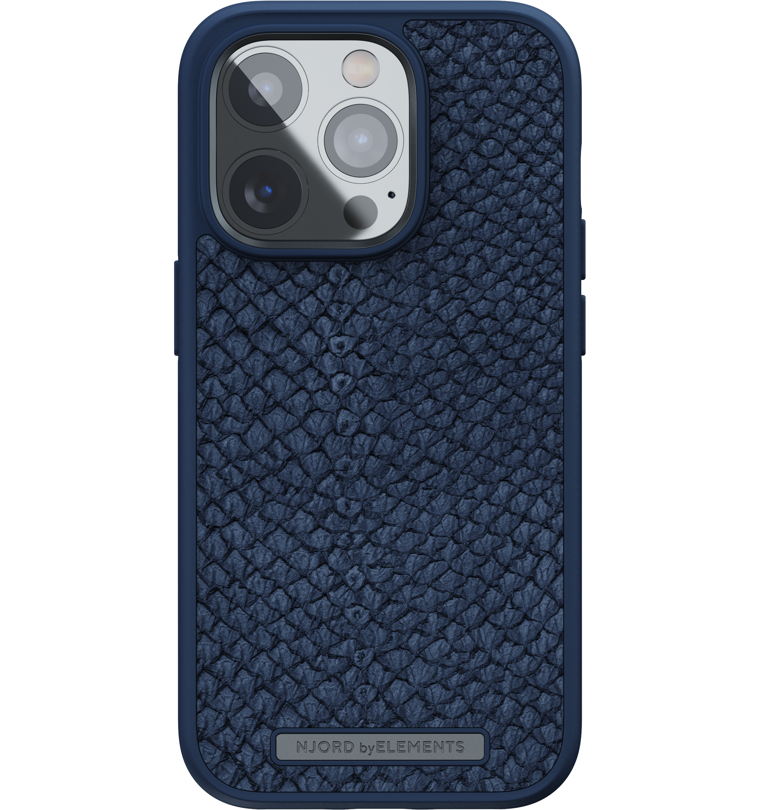 Una custodia blu per telefono con un motivo strutturato e una fotocamera a tre lenti.