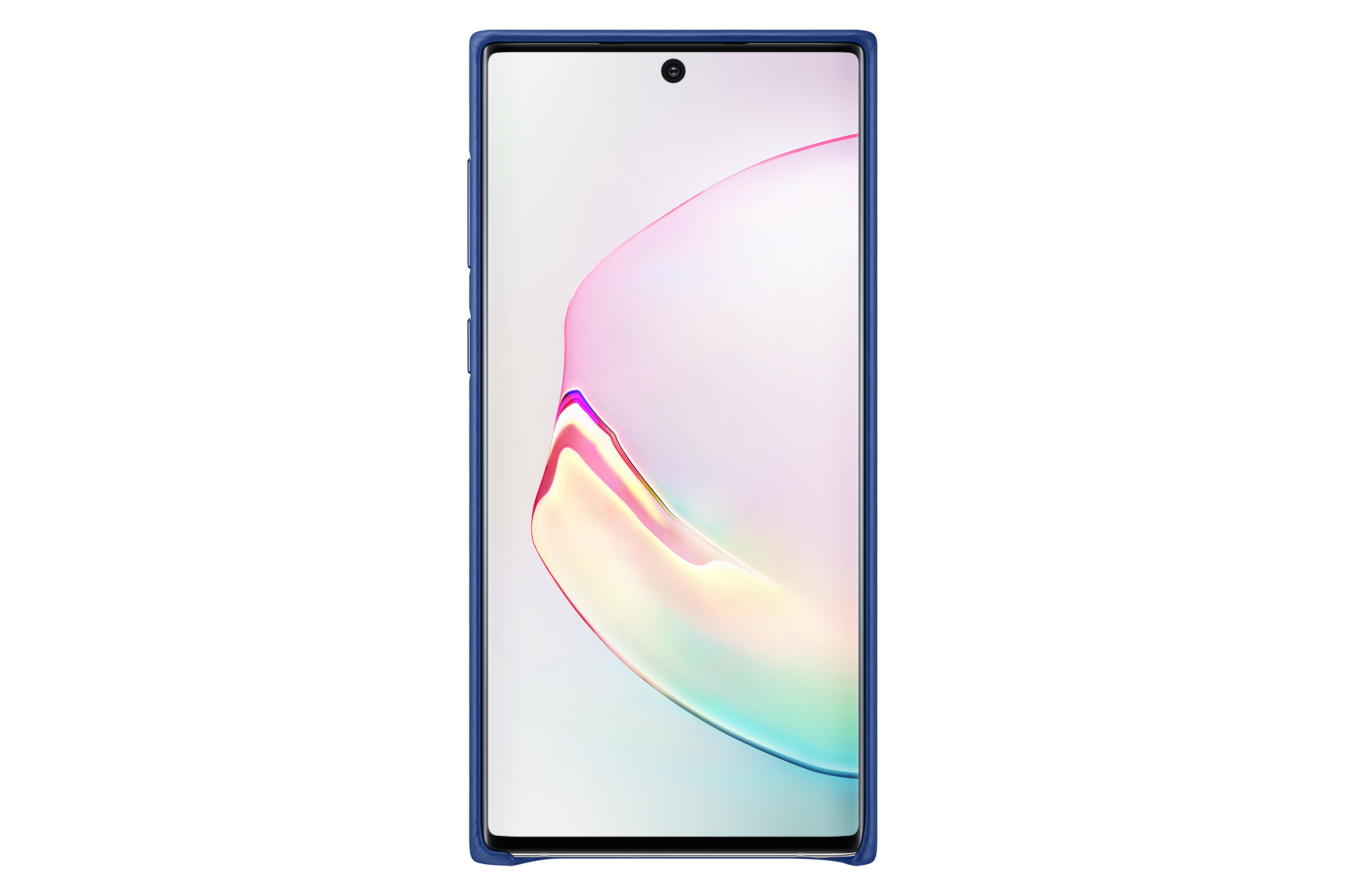 Teléfono en una funda azul. La pantalla muestra un fondo colorido, una cámara frontal es visible.