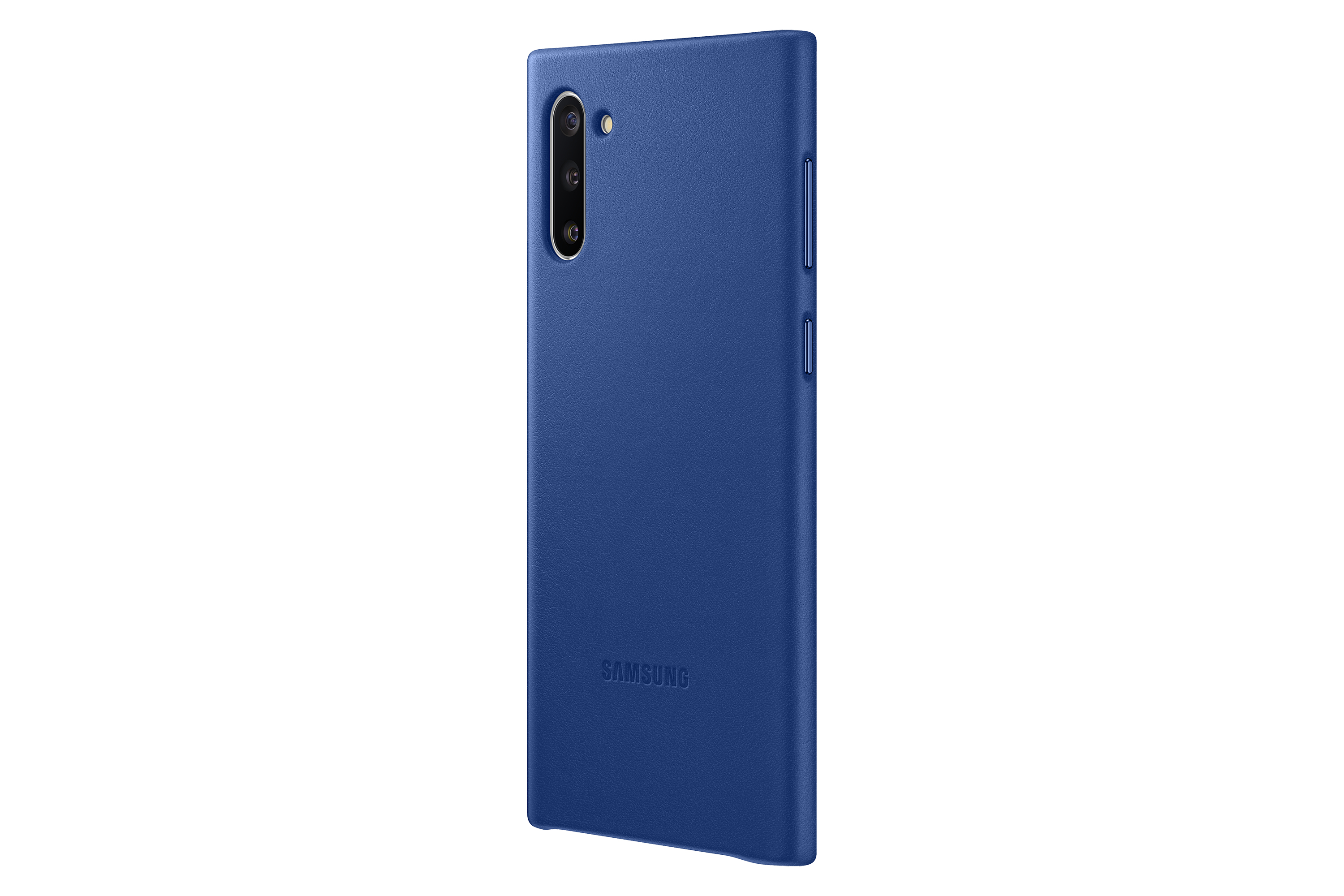 Funda azul para teléfono con logo Samsung. Botones laterales y recorte de cámara visibles.