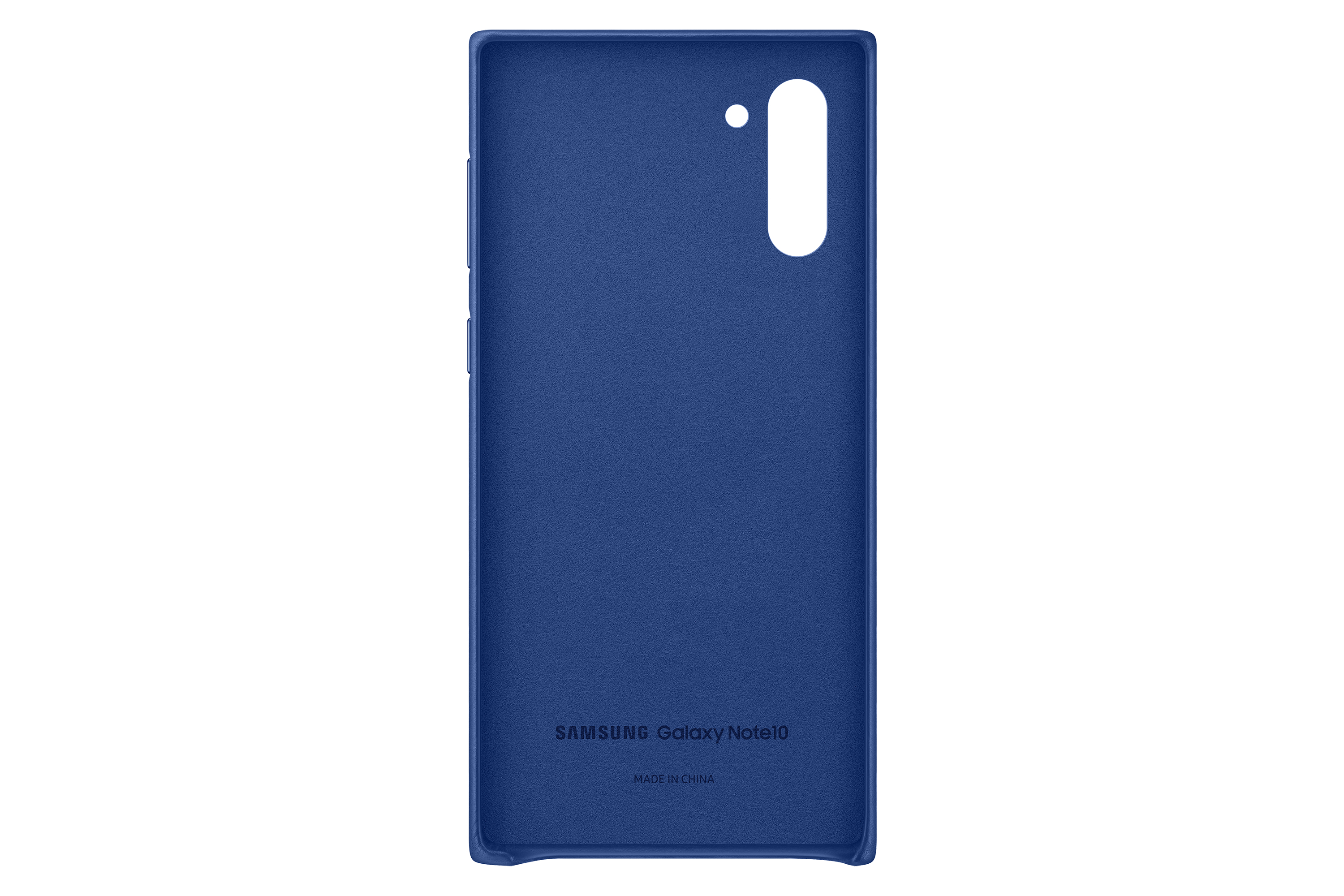 Funda de teléfono azul con recorte de cámara. Texto Samsung Galaxy Note10 en la parte inferior. Fondo blanco.