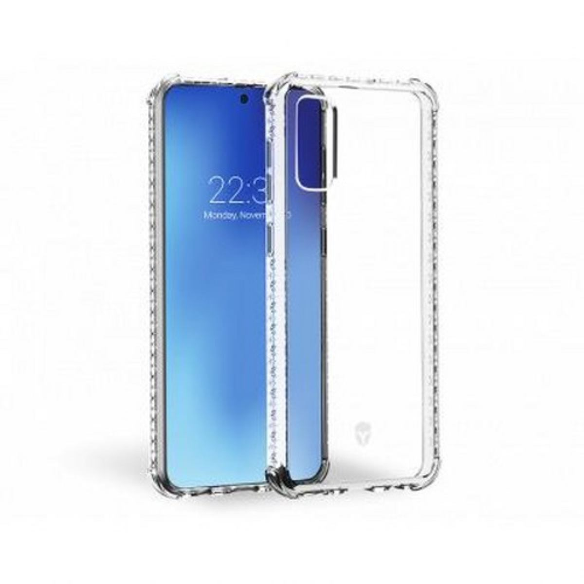 Due telefoni, uno con schermo blu che mostra l'ora, all'interno di custodie trasparenti.