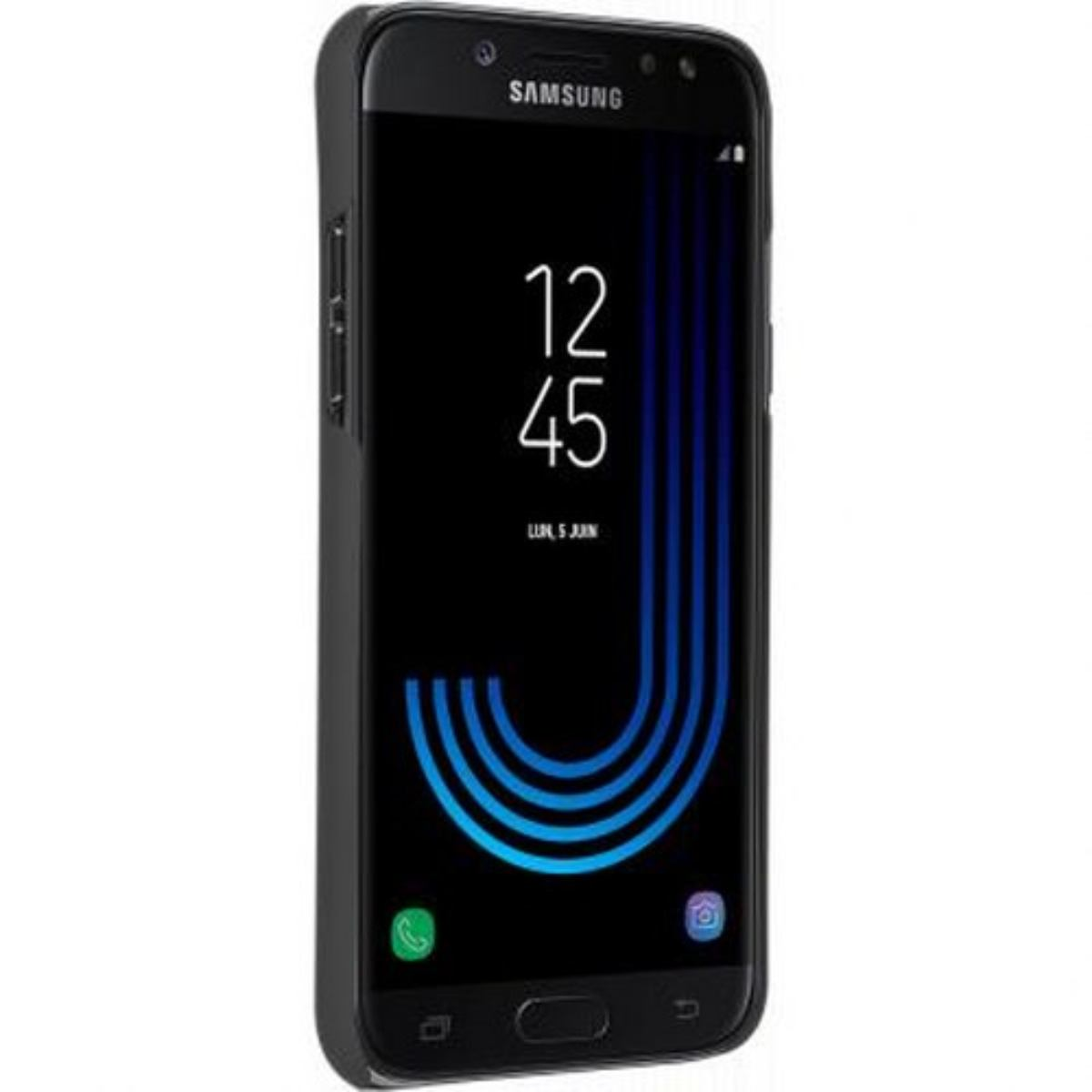 Schwarzes Samsung-Telefon in schwarzer Hülle. Uhrzeit ist 12:45, Datum ist 5. Juni. Blaue Linien.