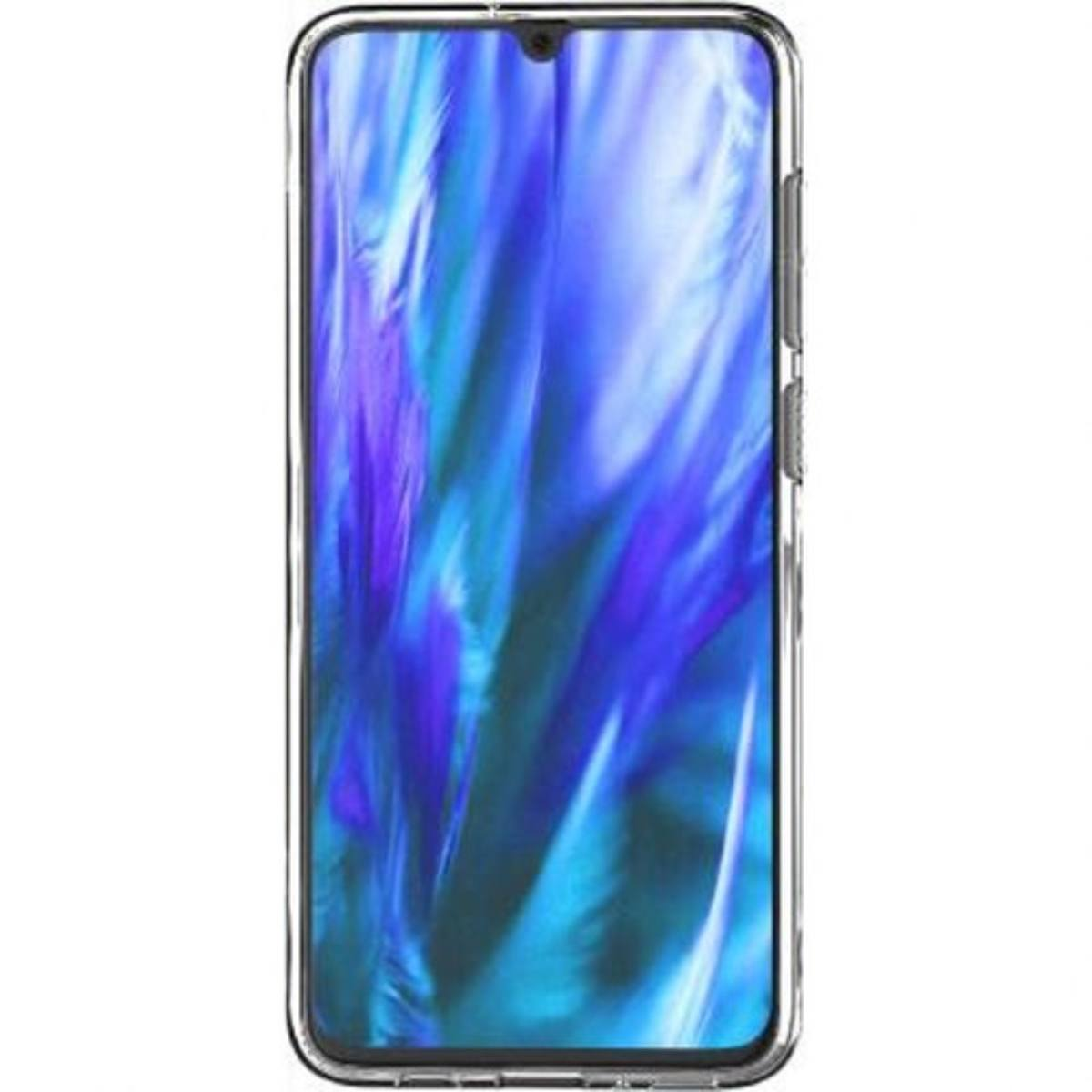 Telefono con sfondo blu all'interno di una custodia trasparente. La parte superiore ha una piccola fotocamera.