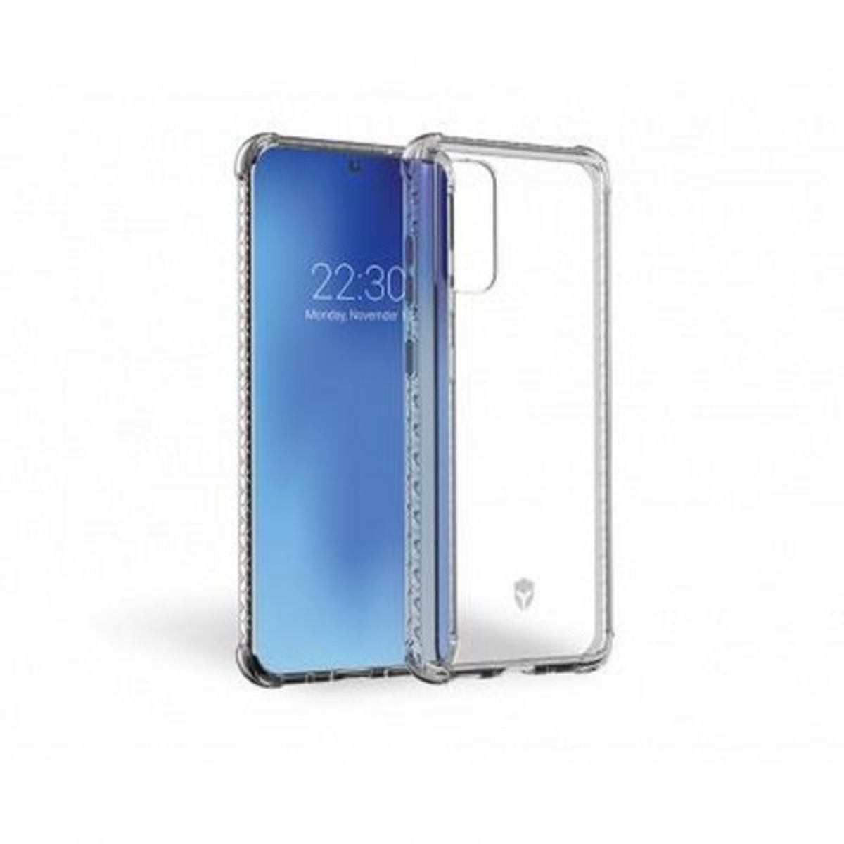 Due telefoni in custodie trasparenti, uno con schermo blu che mostra l'ora.