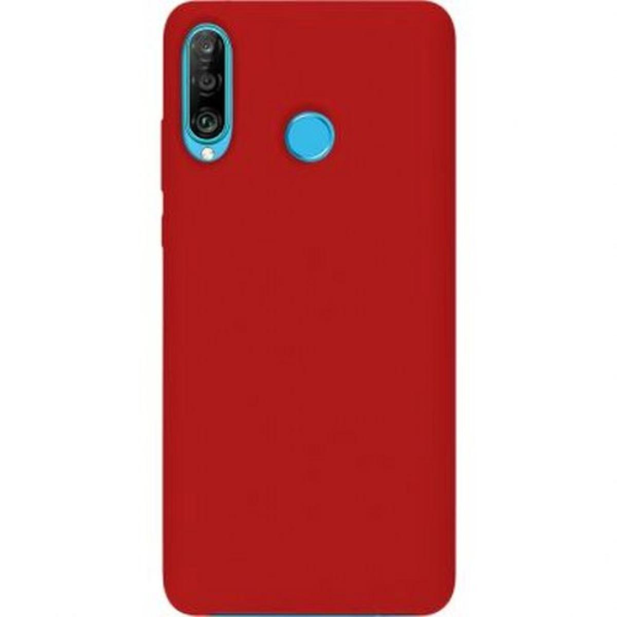 Custodia rossa per telefono con fotocamere e un cerchio blu sul retro.