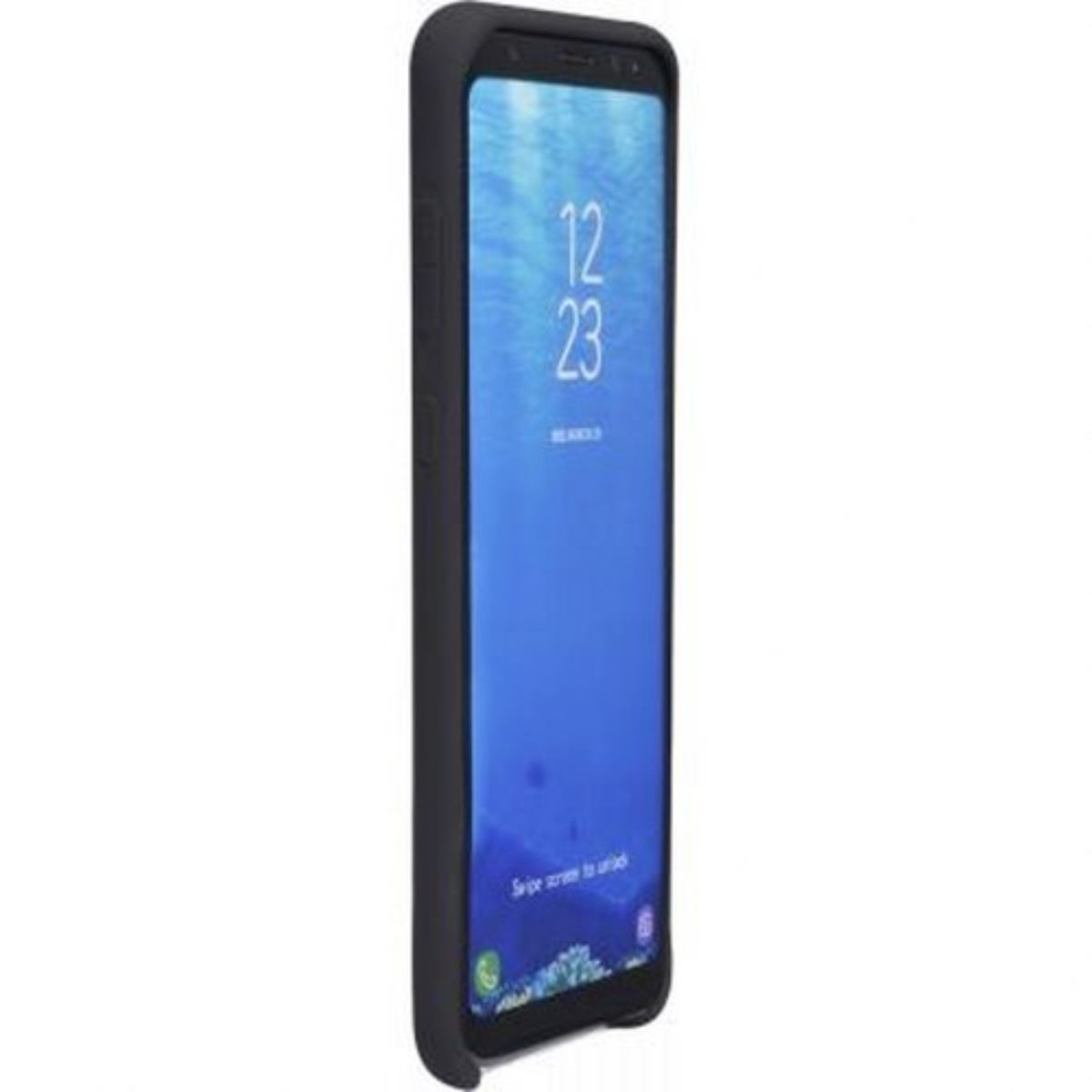 Telefono nero in una custodia nera. Lo schermo mostra un'immagine blu.