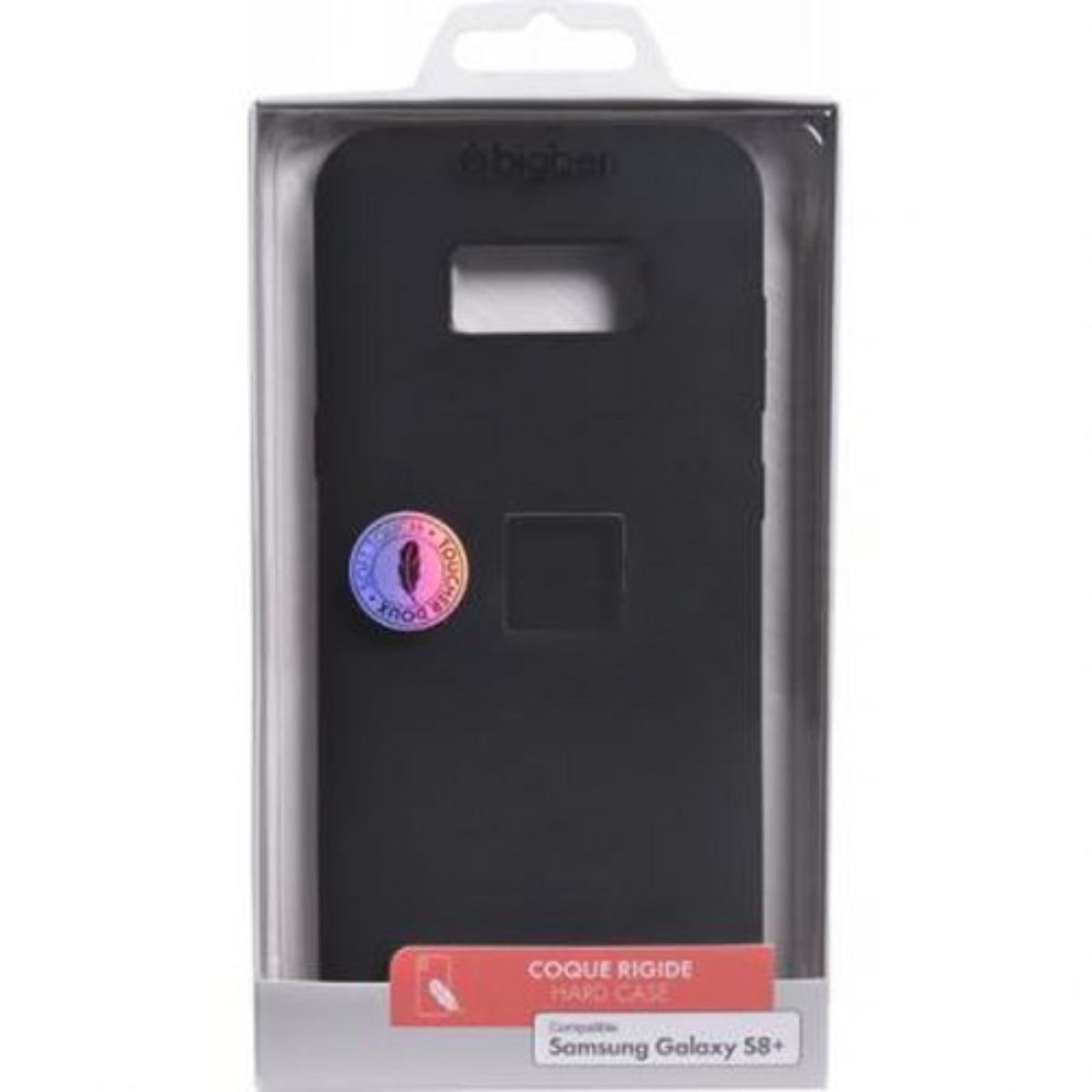 Custodia nera in scatola. Mostra un adesivo e il testo 'Samsung Galaxy S8+ Compatible'.