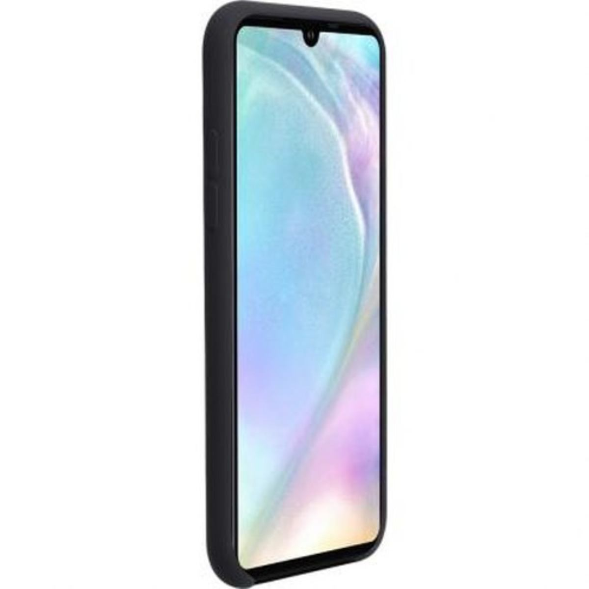 Telefono nero in una custodia nera. Lo schermo mostra uno sfondo colorato.