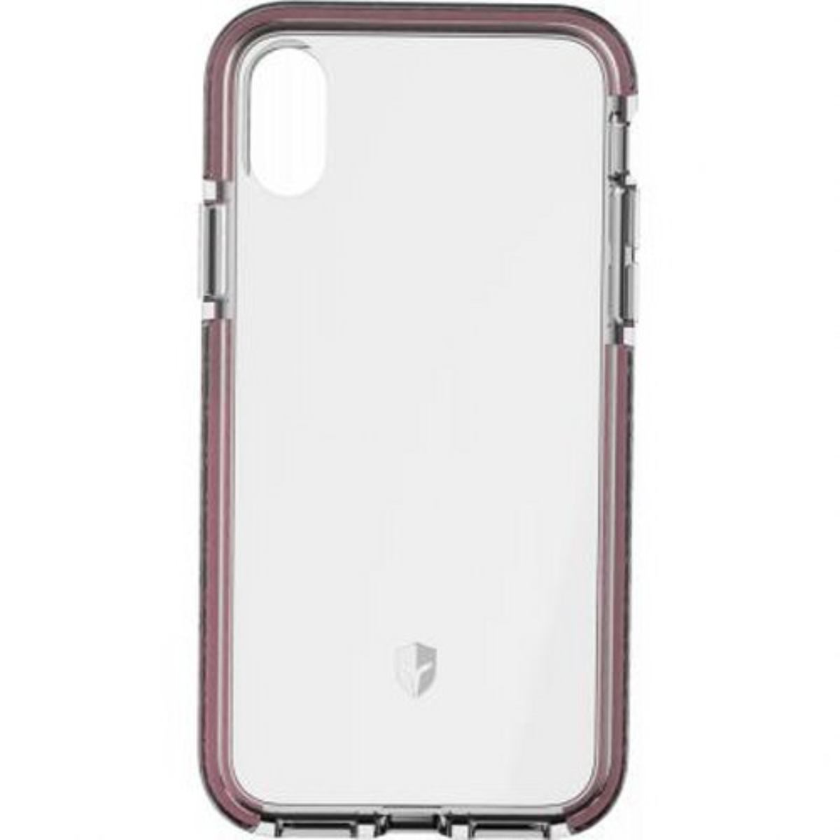 Custodia trasparente con bordo rosa, apertura per la fotocamera e logo in basso.
