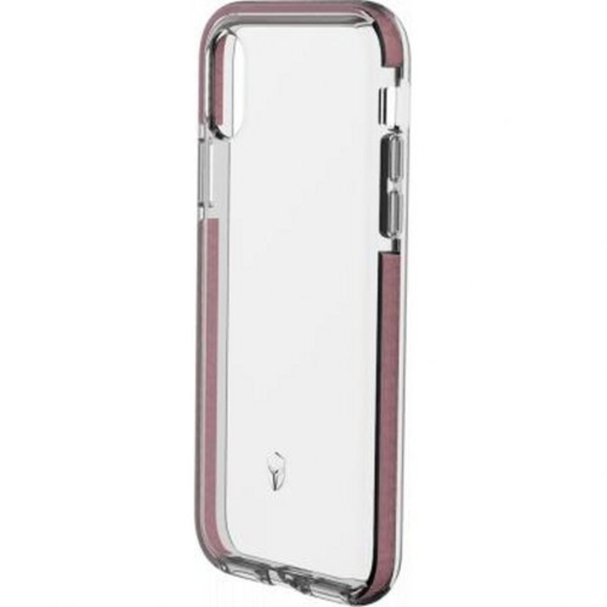 Custodia trasparente per telefono con cornice rosa. La custodia è vuota. Sfondo bianco.