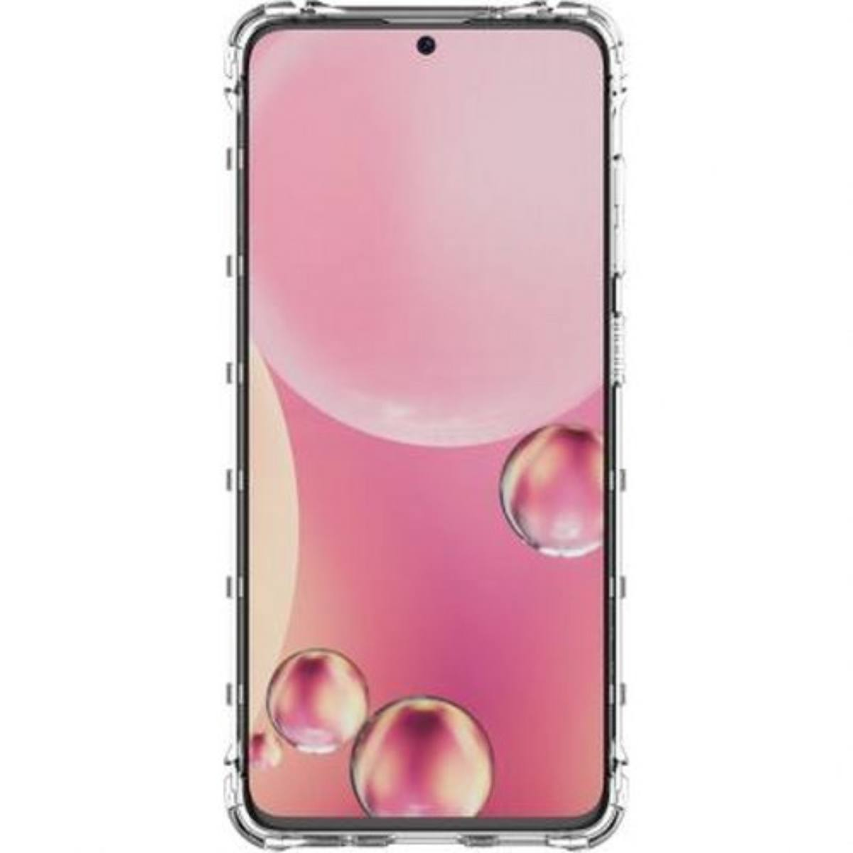 Custodia trasparente con sfondo rosa e tre sfere fluttuanti davanti allo schermo.