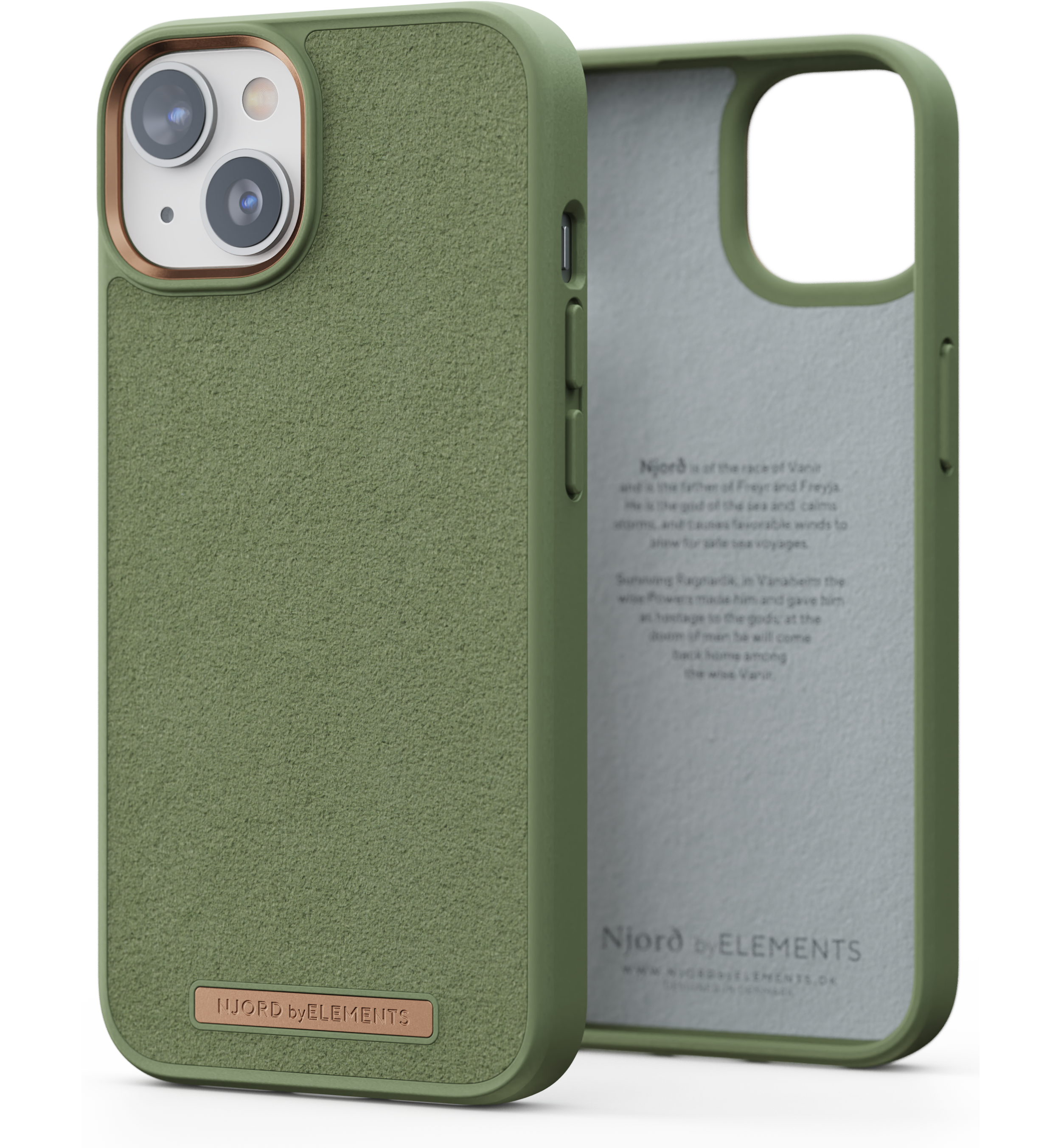 Custodia per telefono verde oliva con logo bronzo, interno con testo e colore chiaro.