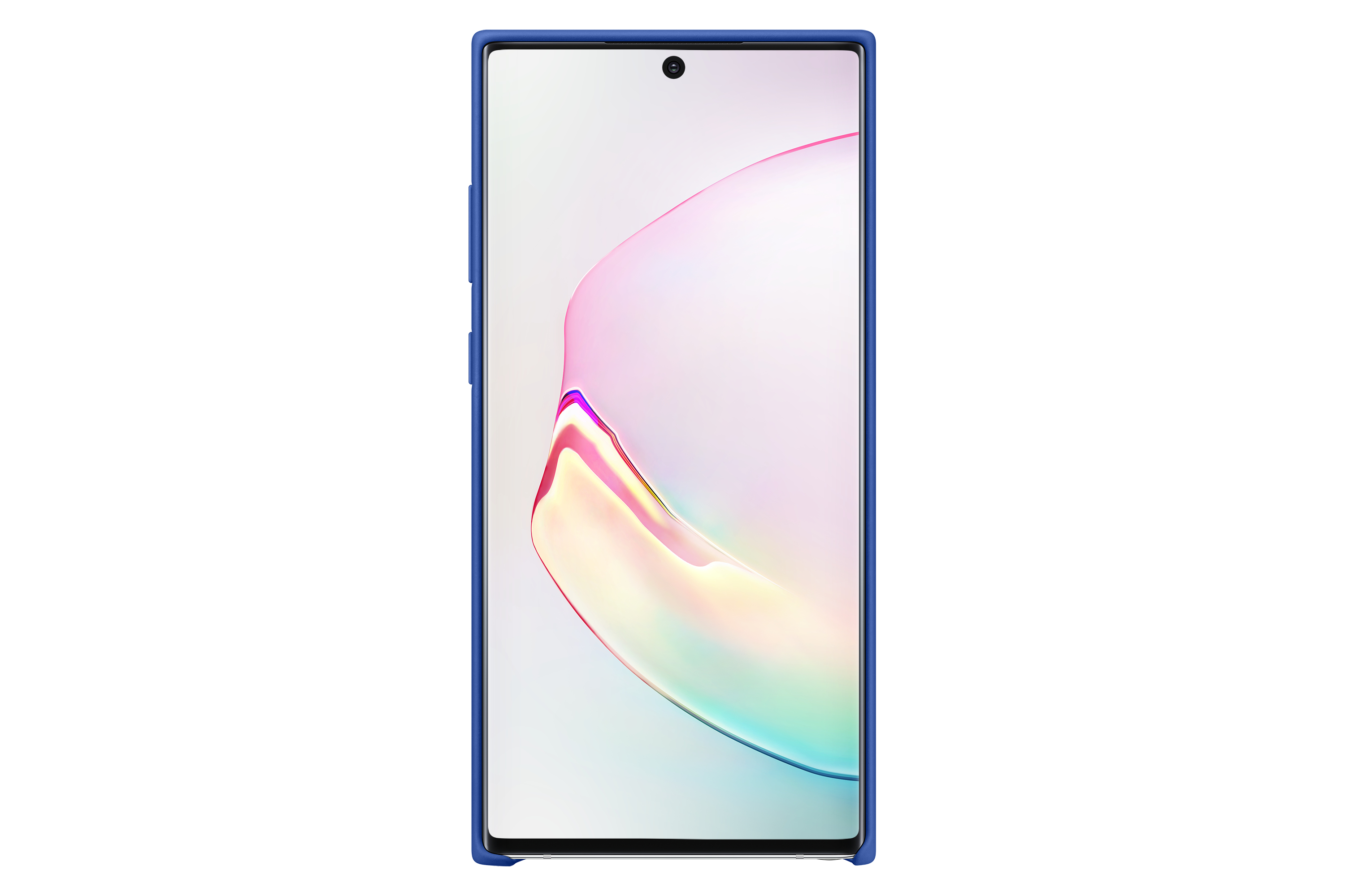 Blaue Handyhülle, die ein Telefon mit farbenfrohem Bildschirm auf weißem Hintergrund hält.