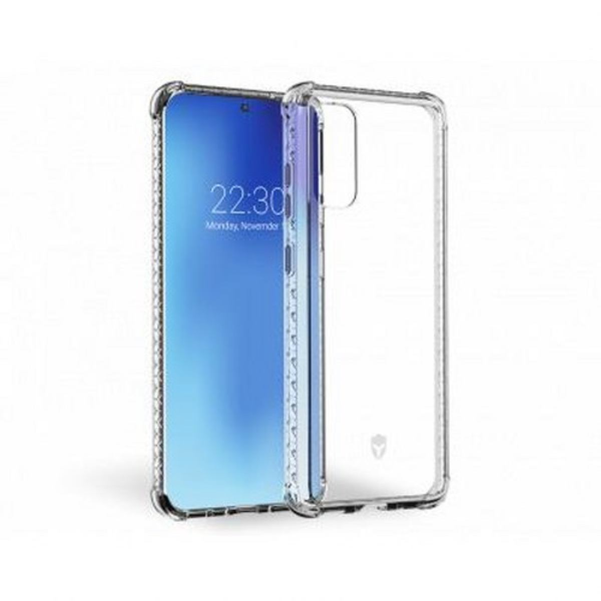 Custodia trasparente con ora sul telefono. La custodia è trasparente, il telefono blu.