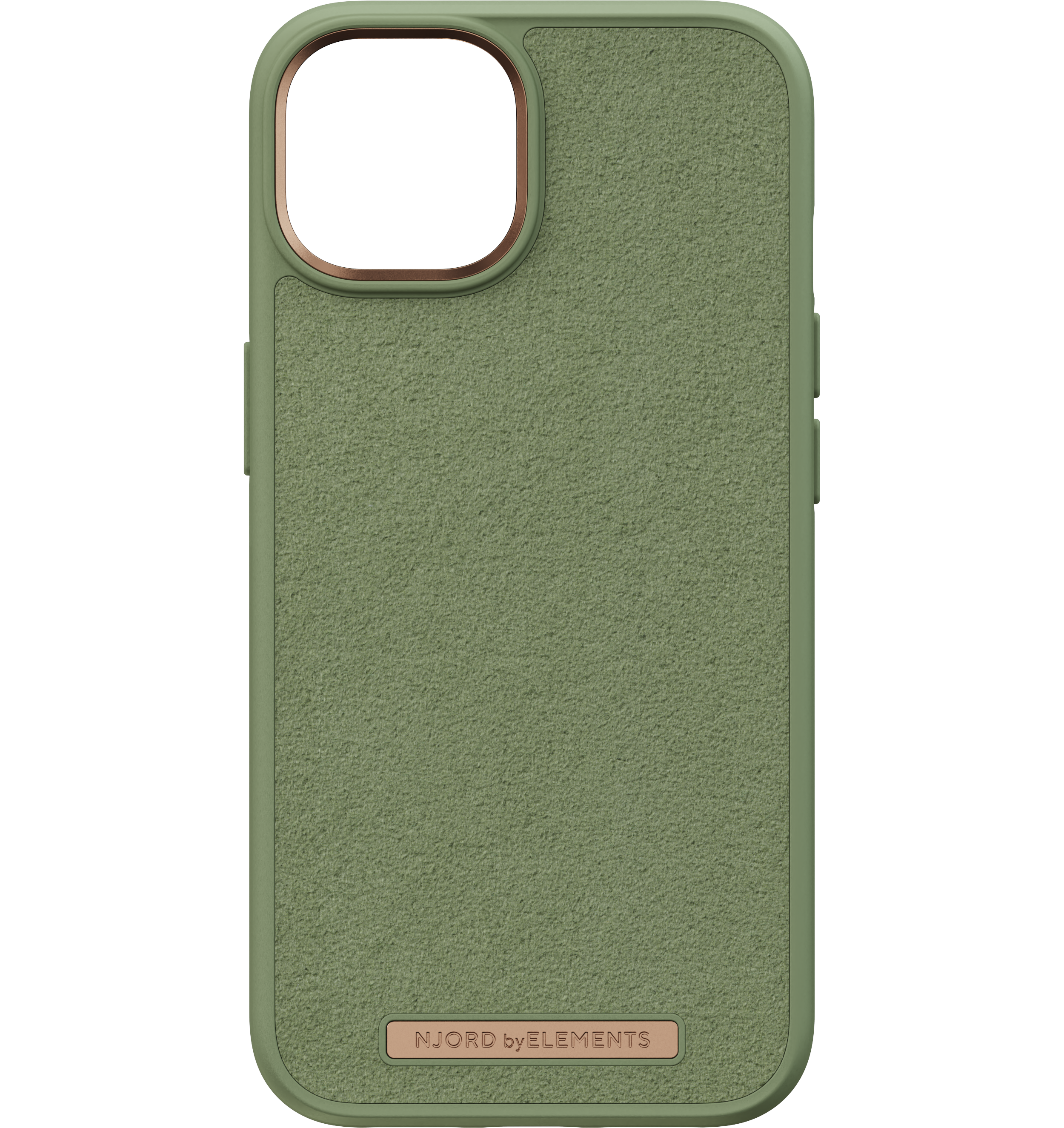 Custodia per telefono verde oliva con un anello color oro attorno alla fotocamera.