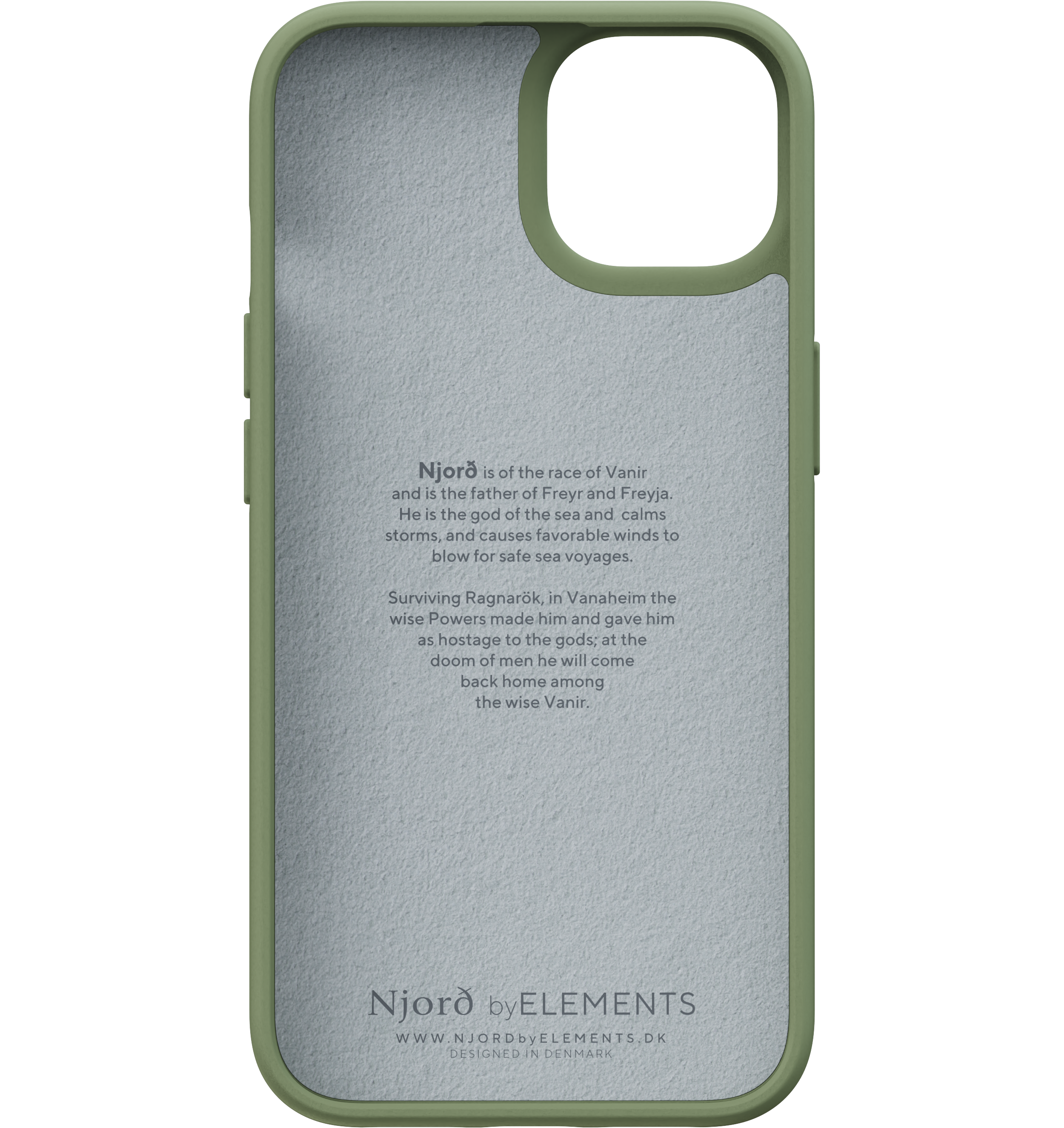 Custodia verde per telefono con testo sul dio norreno Njord. Sfondo grigio.