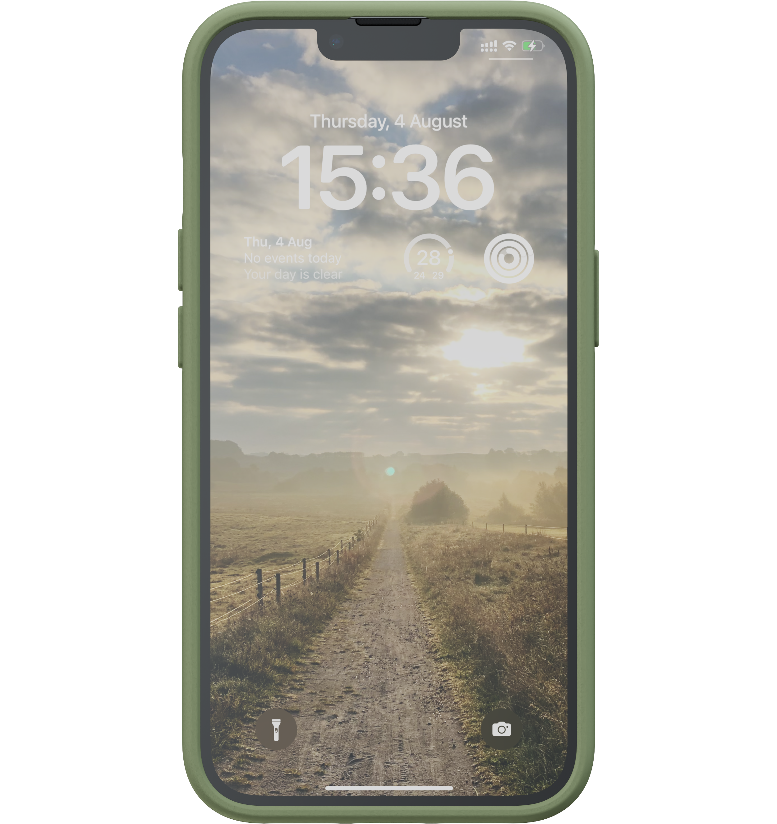 Telefono con custodia verde che mostra un sentiero con cielo nuvoloso.