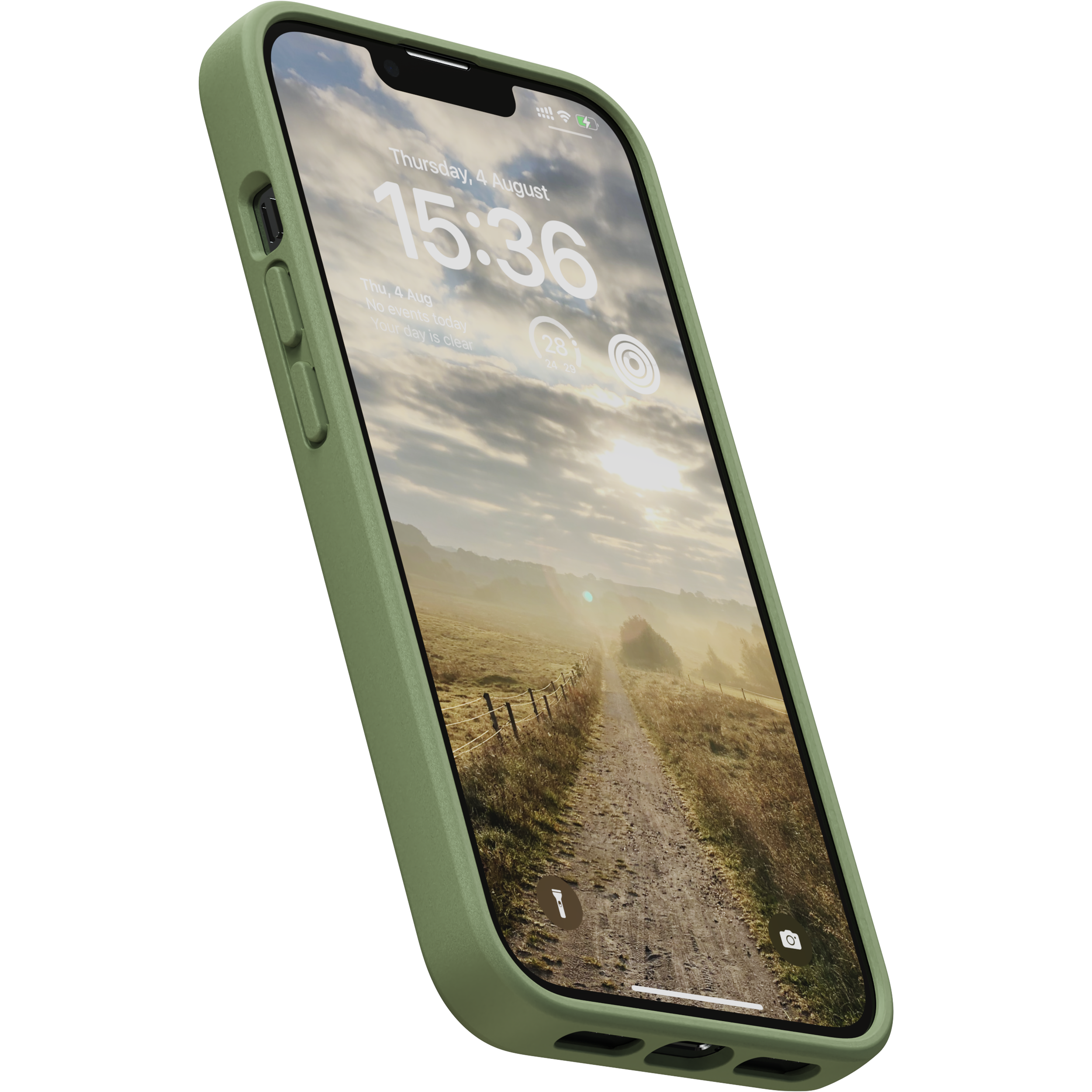 Custodia verde per iPhone su un telefono che mostra un paesaggio con un sentiero sterrato.