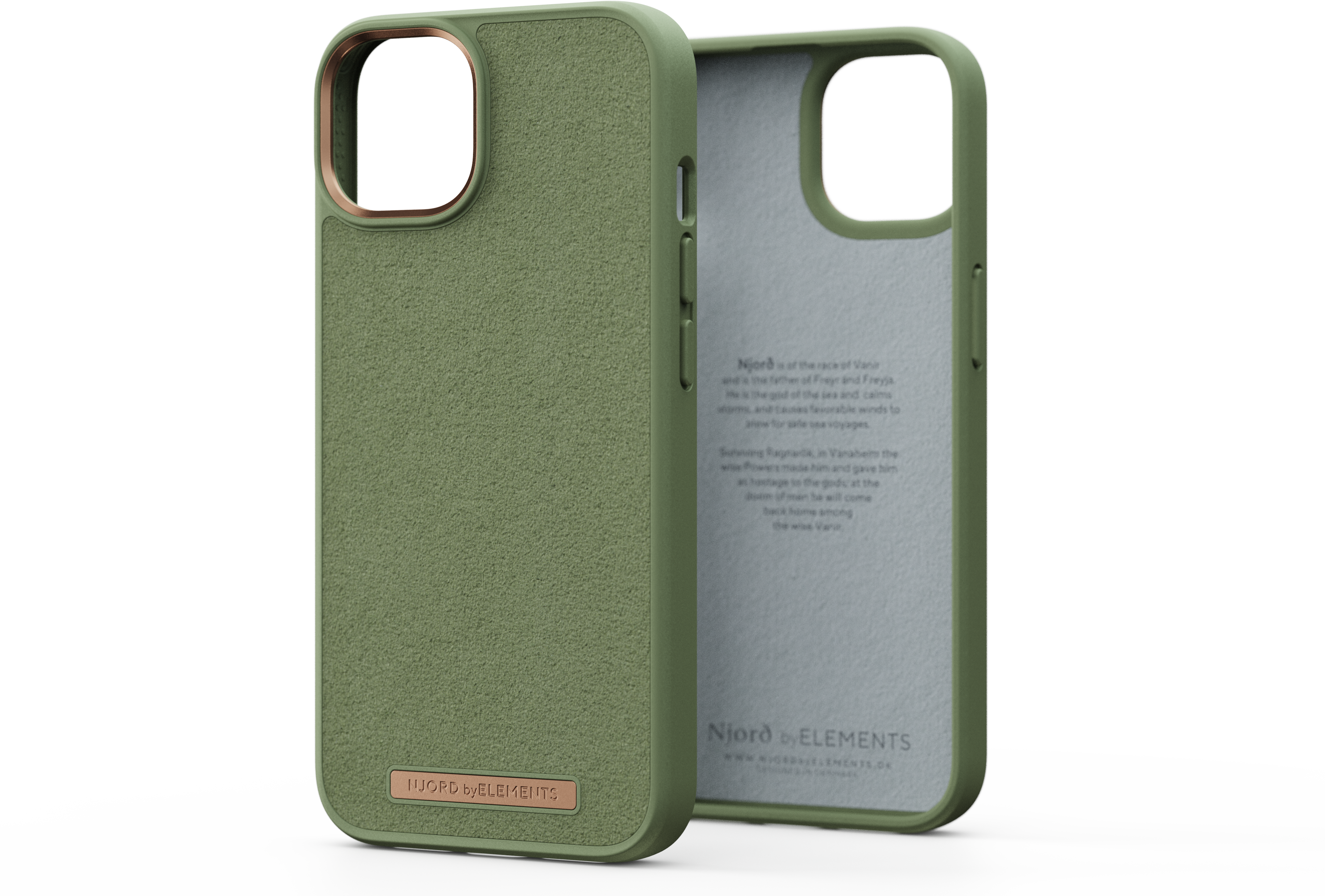Custodia per telefono verde oliva con logo bronzo, aperta per rivelare un interno grigio.
