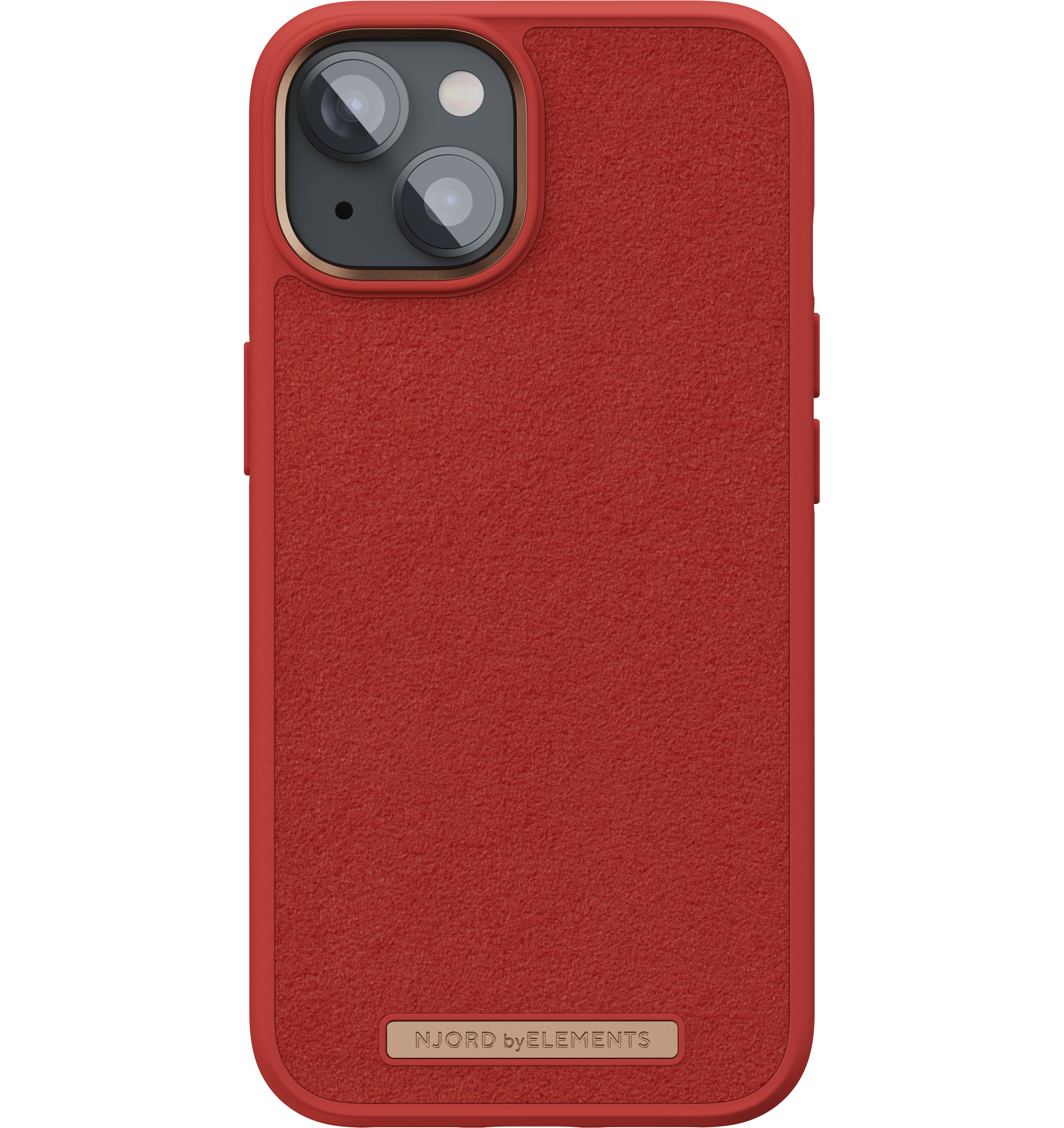 Una custodia rossa per telefono con un anello dorato per la fotocamera.